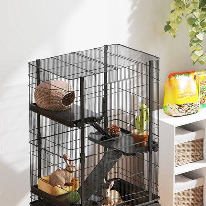Small Animal 4-Level Cage Rodent Cage with Wheels Ramps Bowl Water Bottle and Removable Tray Enclosure for Rabbits Chinchillas Ferrets Guinea Pig 69x44x120 cm Black