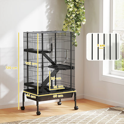 Small Animal 4-Level Cage Rodent Cage with Wheels Ramps Bowl Water Bottle and Removable Tray Enclosure for Rabbits Chinchillas Ferrets Guinea Pig 69x44x120 cm Black