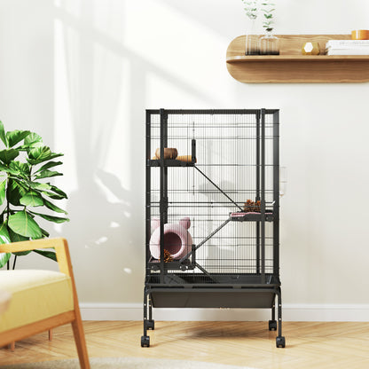 Small Animal 4-Level Cage Rodent Cage with Wheels Ramps Bowl Water Bottle and Removable Tray Enclosure for Rabbits Chinchillas Ferrets Guinea Pig 69x44x120 cm Black