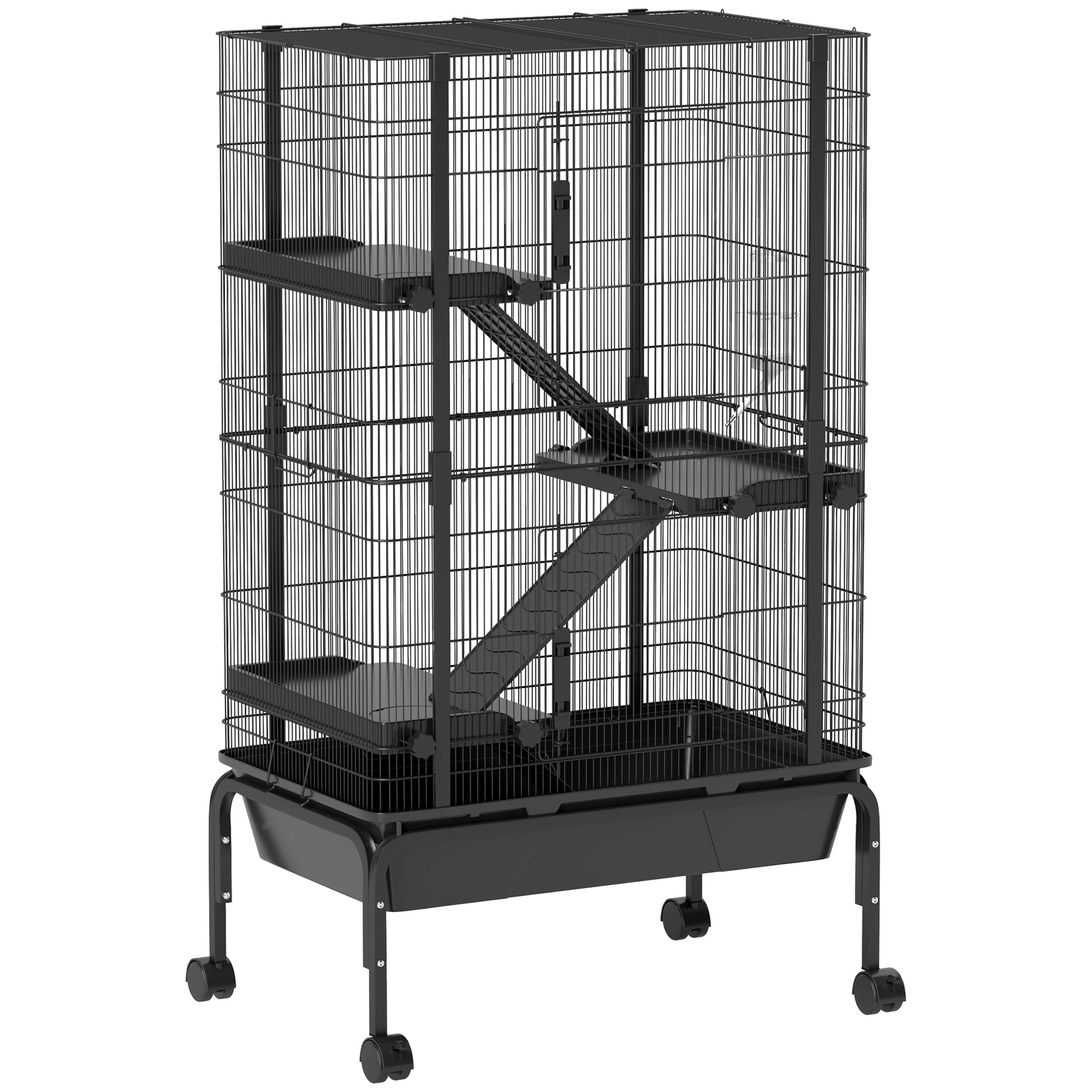 Small Animal 4-Level Cage Rodent Cage with Wheels Ramps Bowl Water Bottle and Removable Tray Enclosure for Rabbits Chinchillas Ferrets Guinea Pig 69x44x120 cm Black