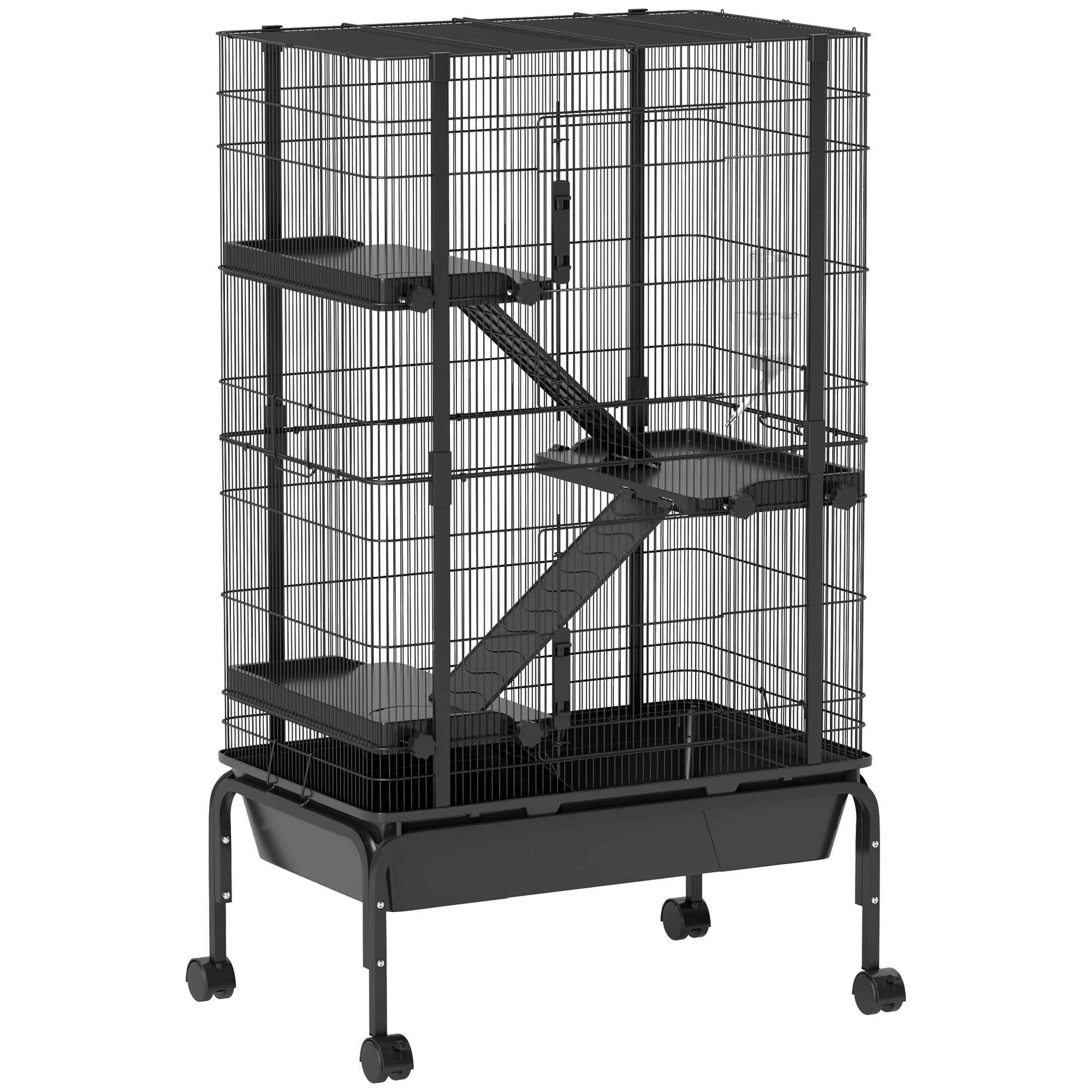 Small Animal 4-Level Cage Rodent Cage with Wheels Ramps Bowl Water Bottle and Removable Tray Enclosure for Rabbits Chinchillas Ferrets Guinea Pig 69x44x120 cm Black
