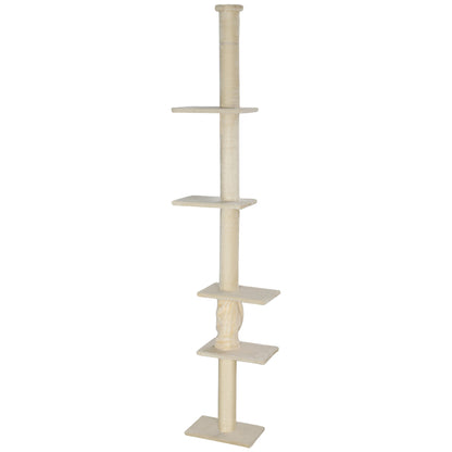 Floor to Ceiling Cat Tree, Cat Scratching Post, 225-275 cm Cat Tree with Platforms, Cat Furniture with Anti-Tip Protection, Cream White