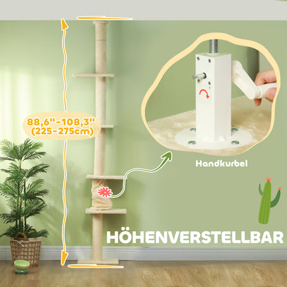 Floor to Ceiling Cat Tree, Cat Scratching Post, 225-275 cm Cat Tree with Platforms, Cat Furniture with Anti-Tip Protection, Cream White