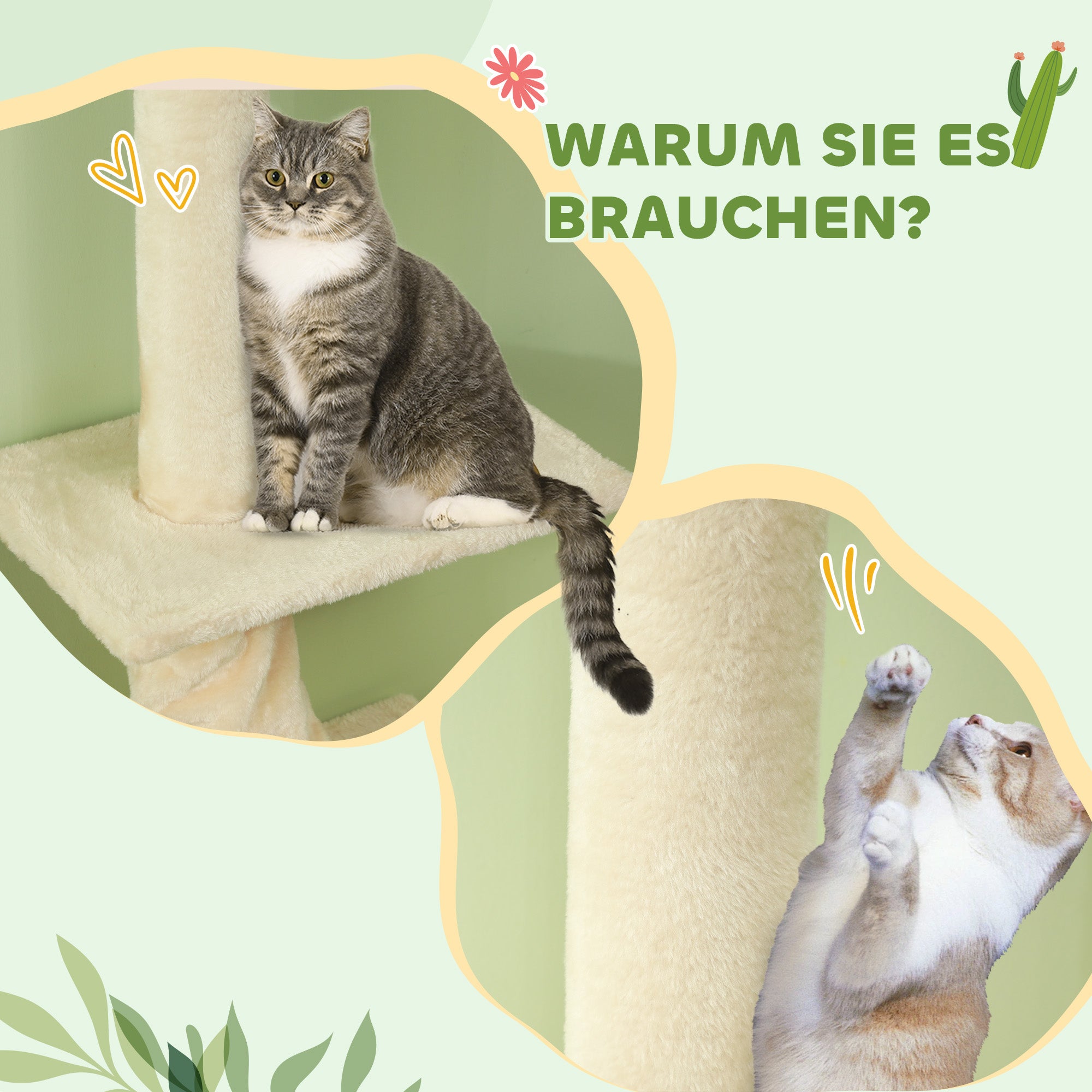 Floor to Ceiling Cat Tree, Cat Scratching Post, 225-275 cm Cat Tree with Platforms, Cat Furniture with Anti-Tip Protection, Cream White