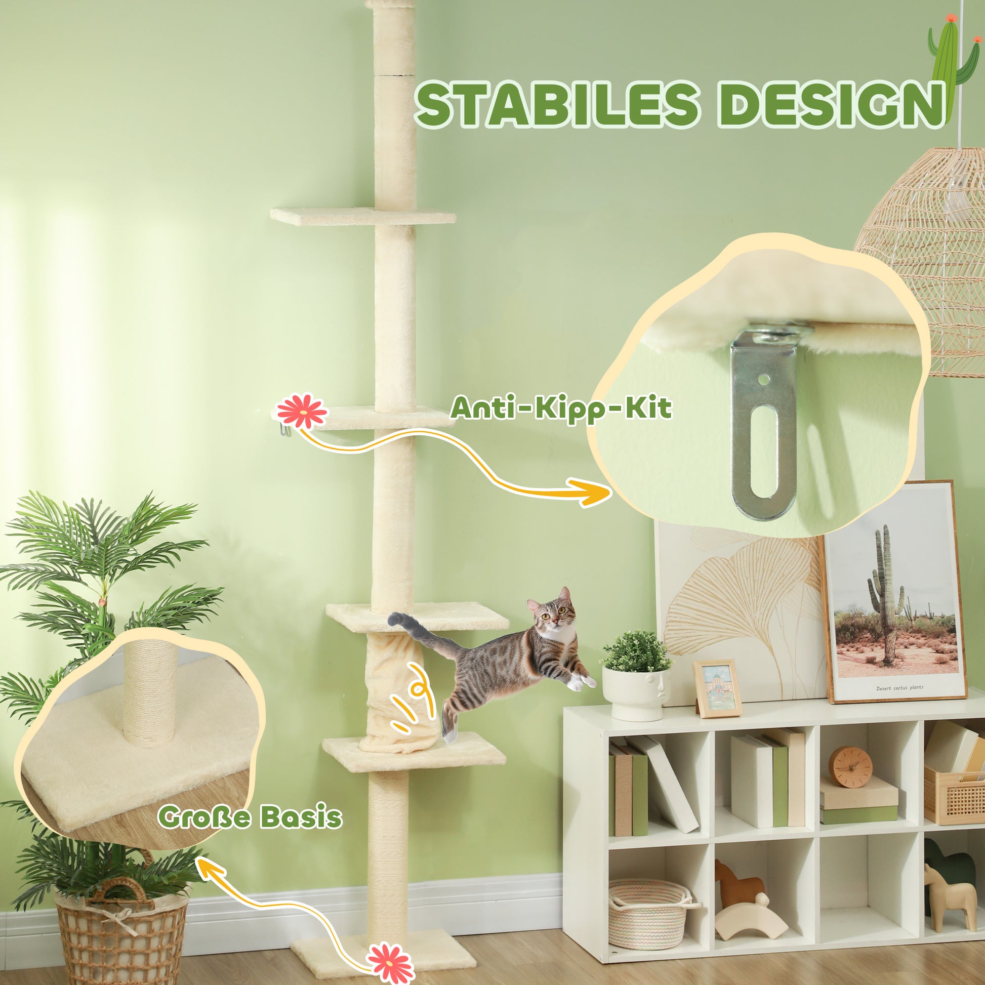 Floor to Ceiling Cat Tree, Cat Scratching Post, 225-275 cm Cat Tree with Platforms, Cat Furniture with Anti-Tip Protection, Cream White