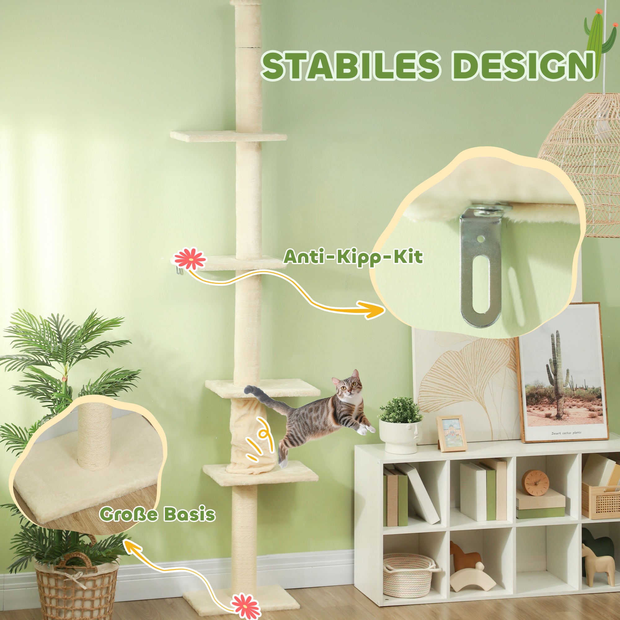 Floor to Ceiling Cat Tree, Cat Scratching Post, 225-275 cm Cat Tree with Platforms, Cat Furniture with Anti-Tip Protection, Cream White
