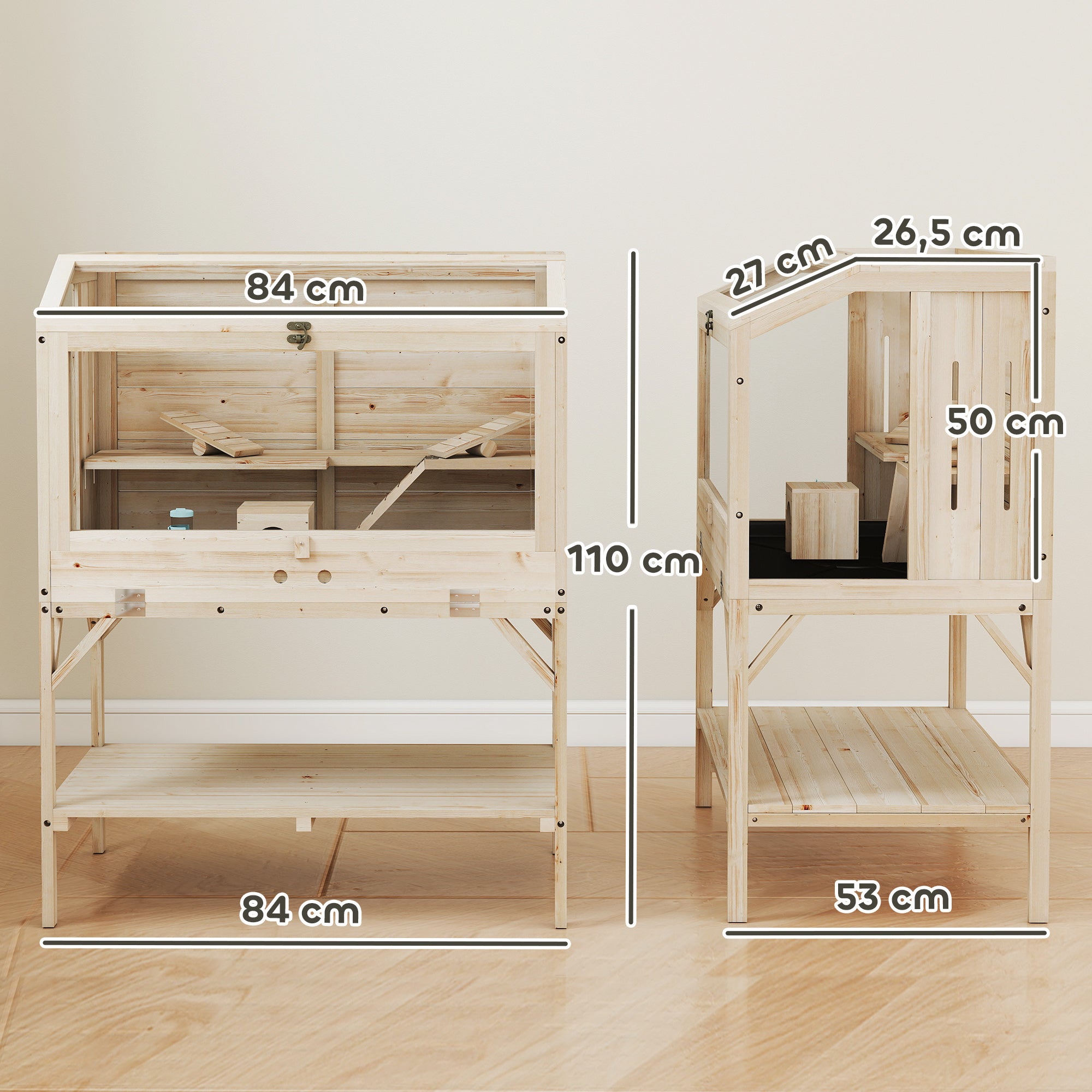 2-Tier Wooden Hamster Cage with Storage Compartment, Top-Opening Lid, Tray, Seesaws, Ramp, Gnaw-Proof Panels, Wheel & Hideout — 84 x 53 x 110 cm (33.1 x 20.9 x 43.3 in), Natural
