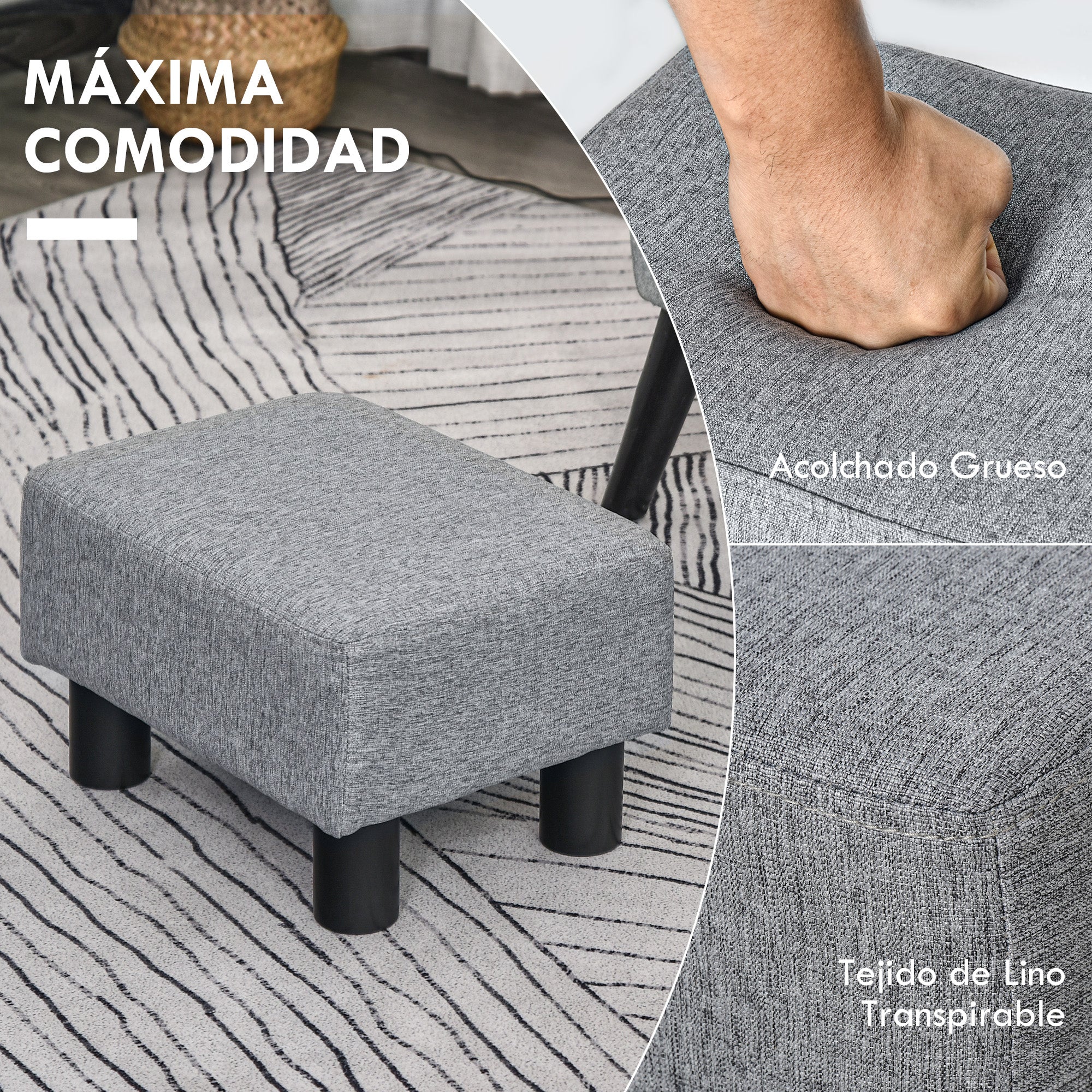 Living Room Ottoman Low Stool Upholstered in Linen Rectangular Ottoman with Wooden Structure for Living Room Bedroom Gray