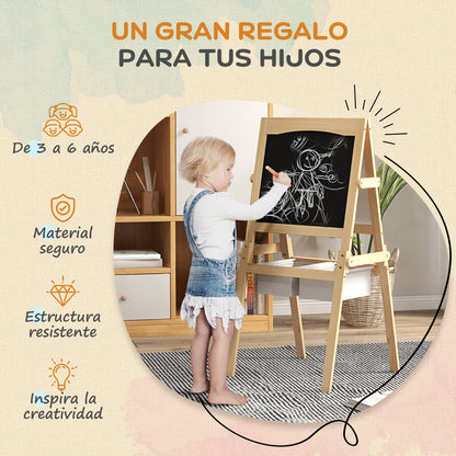 Children's Easel 3 in 1 Double-Sided Chalkboard Whiteboard Wooden Easel for Drawing with Paper Roll and 2 Baskets 58x50.5x109 cm Natural