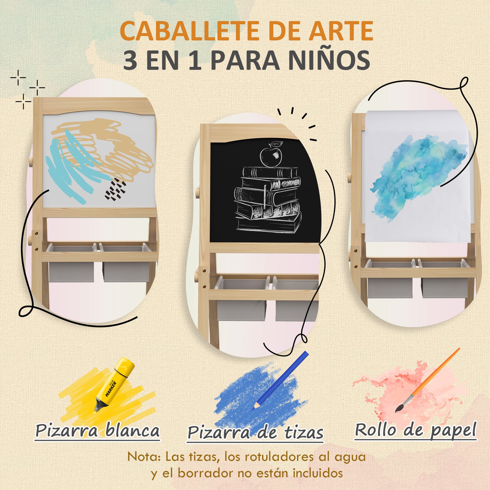 Children's Easel 3 in 1 Double-Sided Chalkboard Whiteboard Wooden Easel for Drawing with Paper Roll and 2 Baskets 58x50.5x109 cm Natural