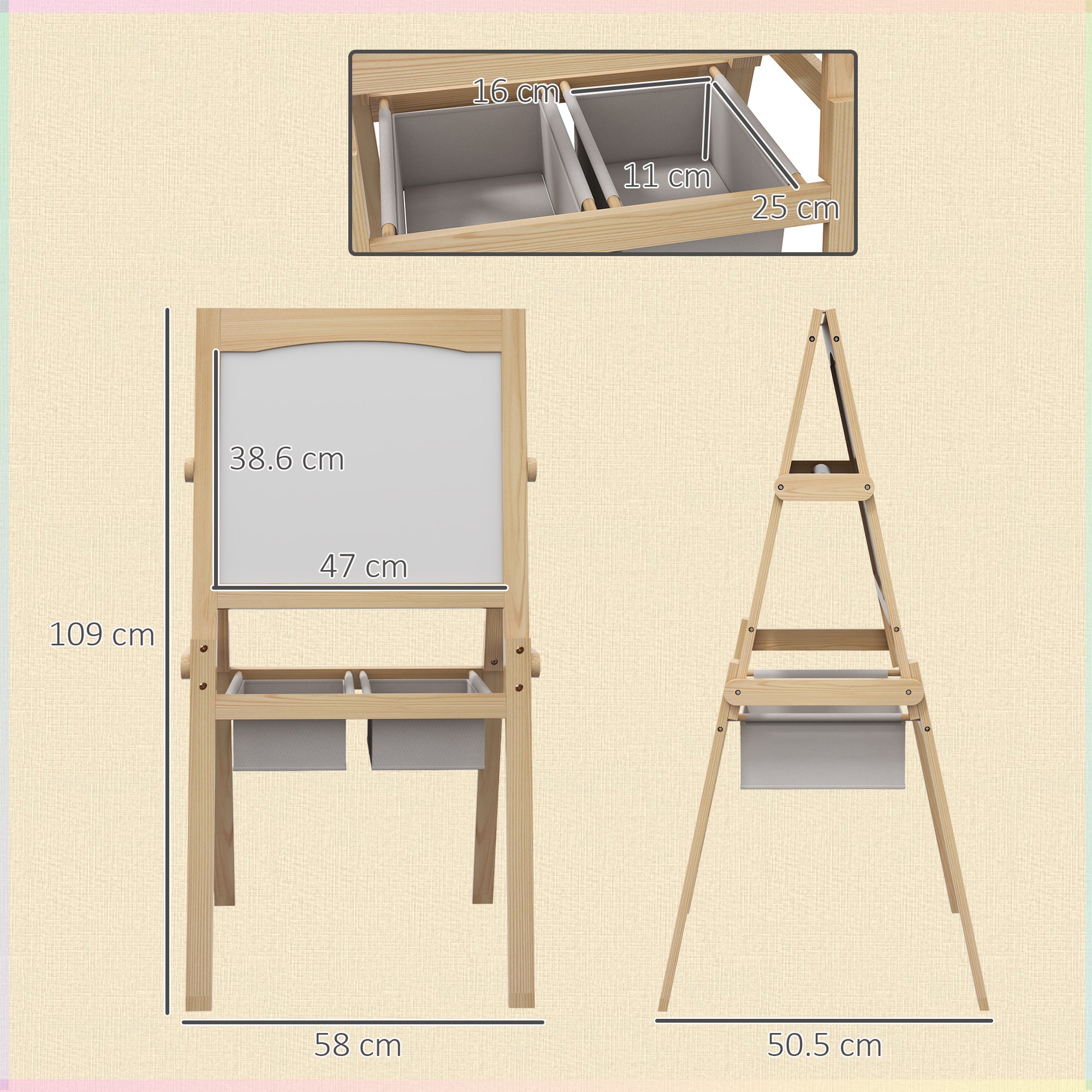 Children's Easel 3 in 1 Double-Sided Chalkboard Whiteboard Wooden Easel for Drawing with Paper Roll and 2 Baskets 58x50.5x109 cm Natural