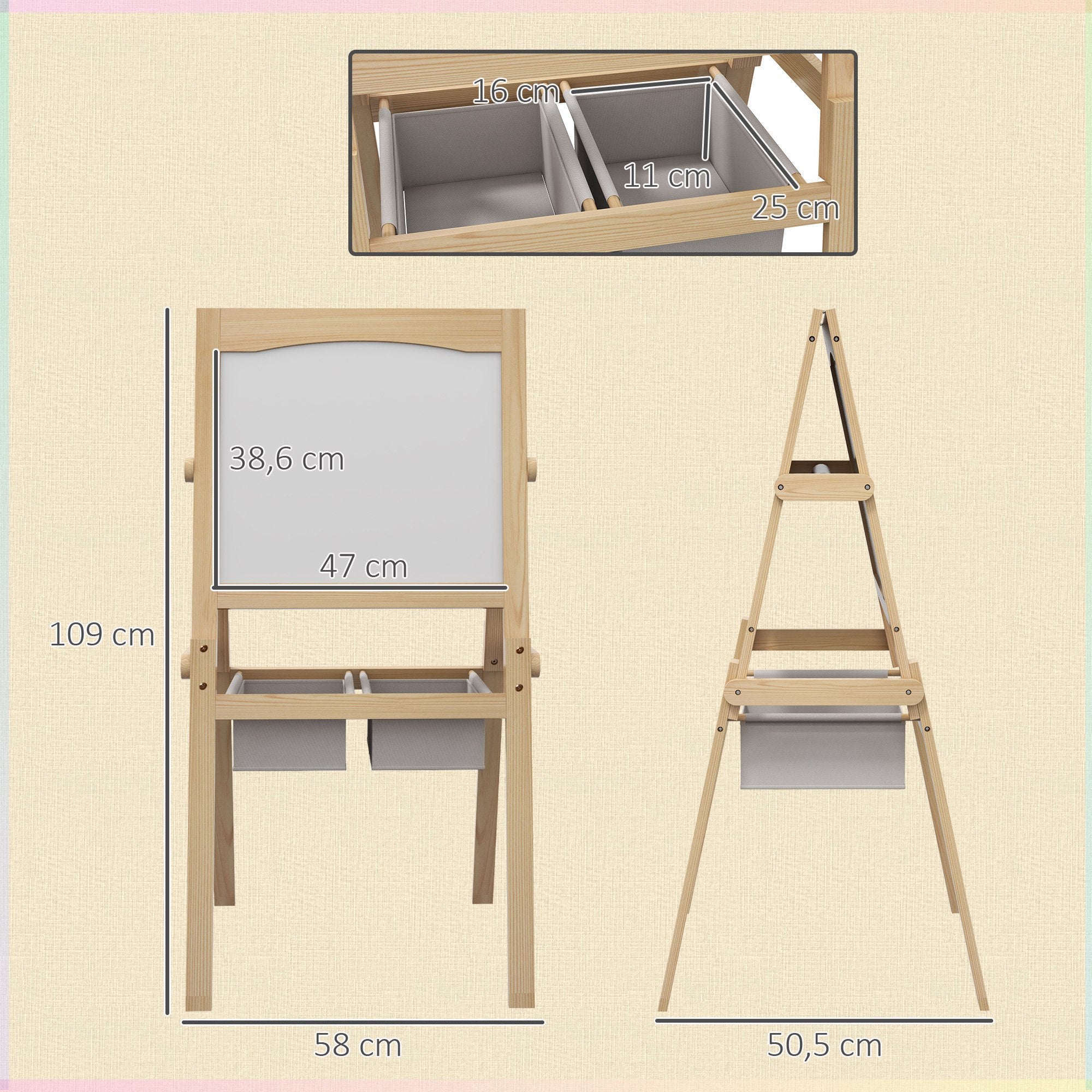 Children's Easel 3 in 1 Double-Sided Chalkboard Whiteboard Wooden Easel for Drawing with Paper Roll and 2 Baskets 58x50.5x109 cm Natural