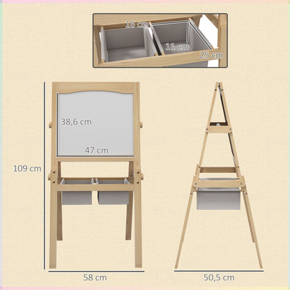 Children's Easel 3 in 1 Double-Sided Chalkboard Whiteboard Wooden Easel for Drawing with Paper Roll and 2 Baskets 58x50.5x109 cm Natural