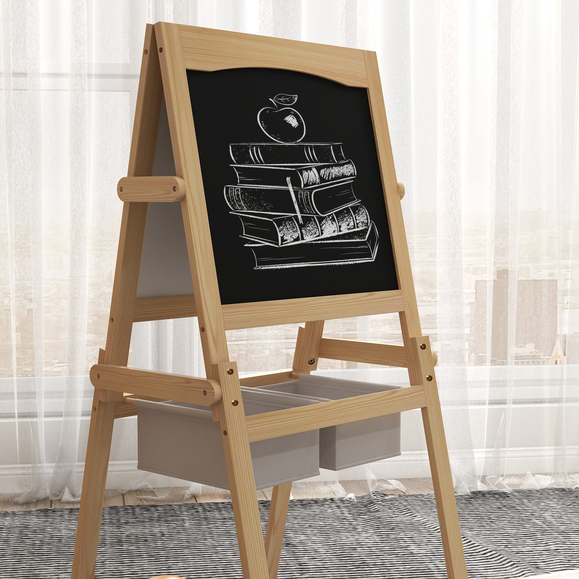 Children's Easel 3 in 1 Double-Sided Chalkboard Whiteboard Wooden Easel for Drawing with Paper Roll and 2 Baskets 58x50.5x109 cm Natural