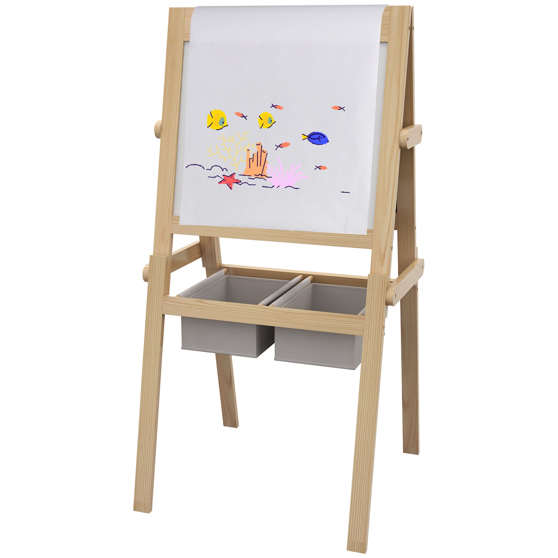 Children's Easel 3 in 1 Double-Sided Chalkboard Whiteboard Wooden Easel for Drawing with Paper Roll and 2 Baskets 58x50.5x109 cm Natural