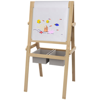 Children's Easel 3 in 1 Double-Sided Chalkboard Whiteboard Wooden Easel for Drawing with Paper Roll and 2 Baskets 58x50.5x109 cm Natural