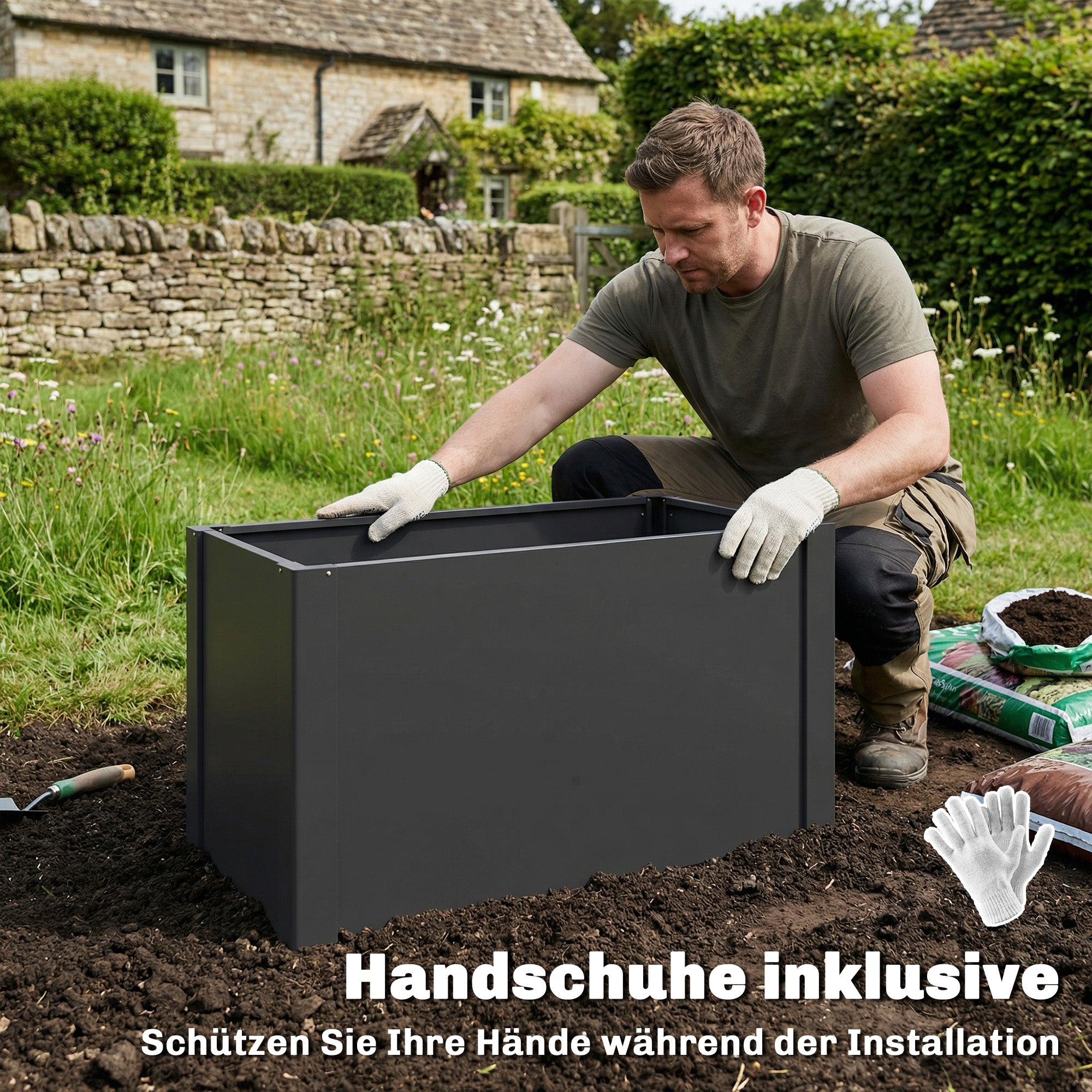 Galvanized Steel Raised Garden Bed 40.2" x 20.5" x 21.7" with Gloves — Open-Bottom, Weatherproof Planter for Garden & Balcony, Black