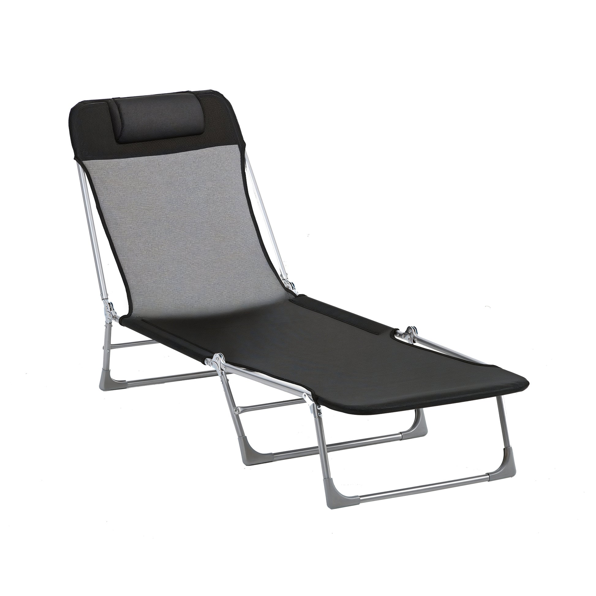 Folding and Reclining Garden Sun Lounger with Adjustable Headrest and Backrest in 5 Levels Breathable Texteline Fabric 182x56x28 cm Black