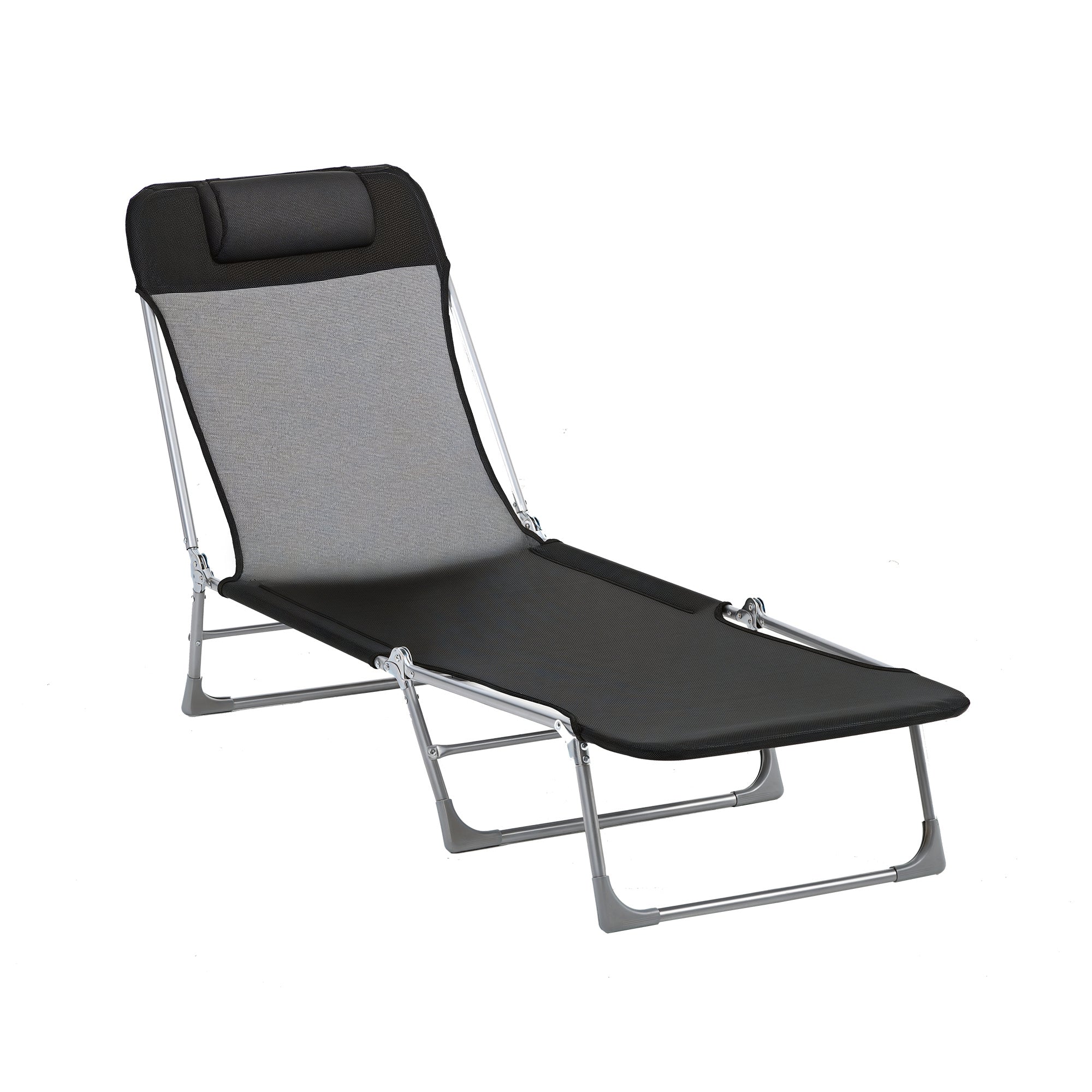 Folding and Reclining Garden Sun Lounger with Adjustable Headrest and Backrest in 5 Levels Breathable Texteline Fabric 182x56x28 cm Black