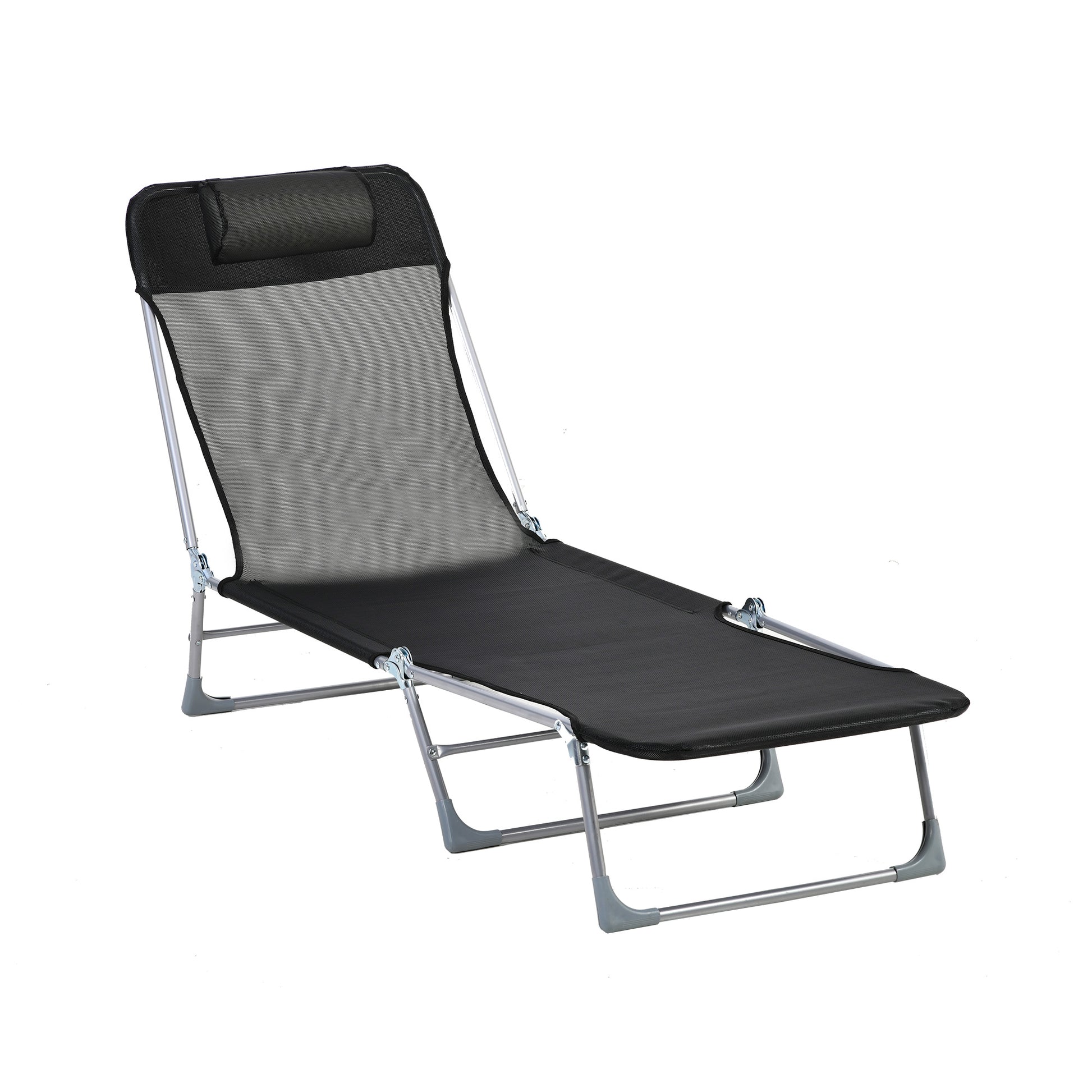 Folding and Reclining Garden Sun Lounger with Adjustable Headrest and Backrest in 5 Levels Breathable Texteline Fabric 182x56x28 cm Black