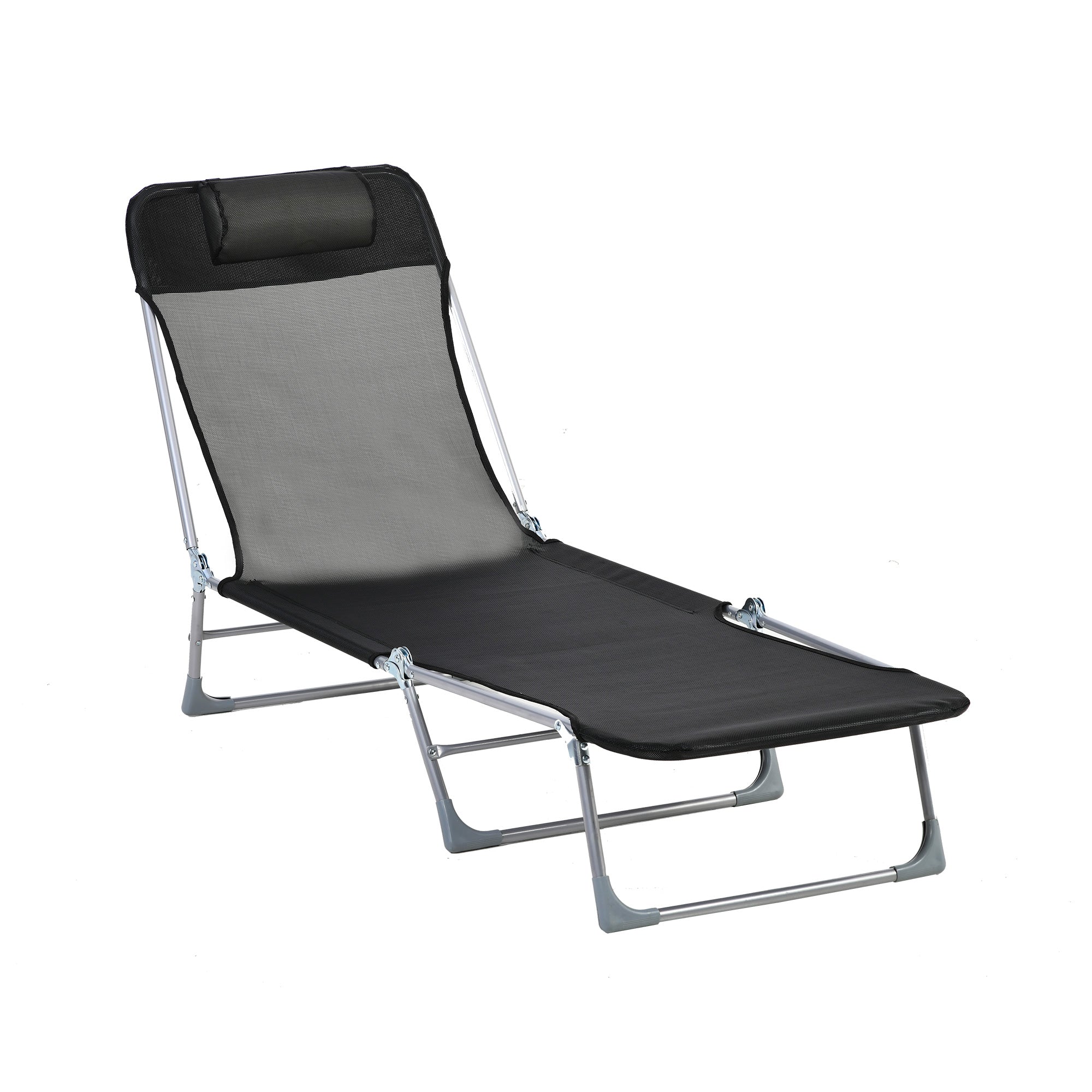 Folding and Reclining Garden Sun Lounger with Adjustable Headrest and Backrest in 5 Levels Breathable Texteline Fabric 182x56x28 cm Black