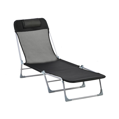 Folding and Reclining Garden Sun Lounger with Adjustable Headrest and Backrest in 5 Levels Breathable Texteline Fabric 182x56x28 cm Black