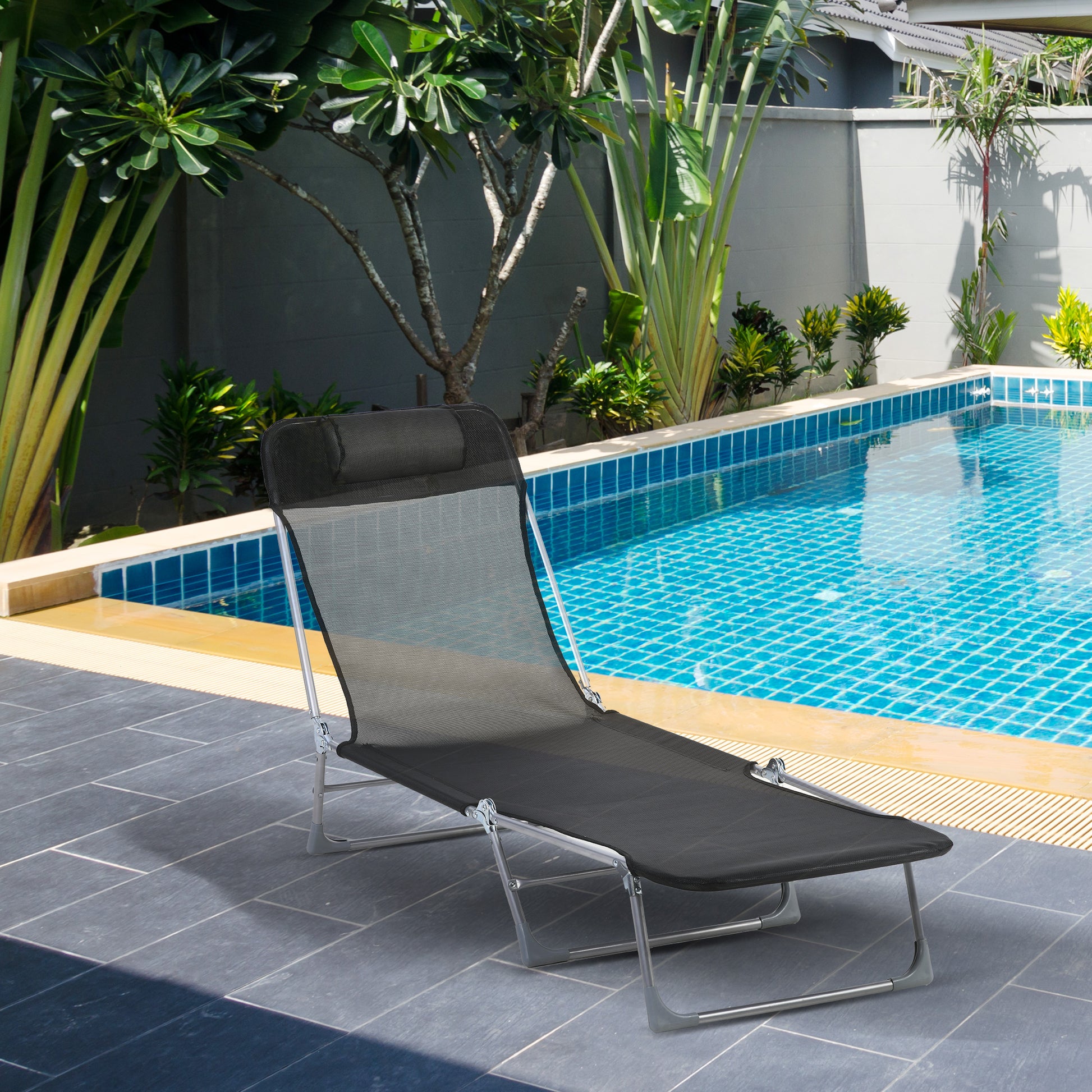 Folding and Reclining Garden Sun Lounger with Adjustable Headrest and Backrest in 5 Levels Breathable Texteline Fabric 182x56x28 cm Black
