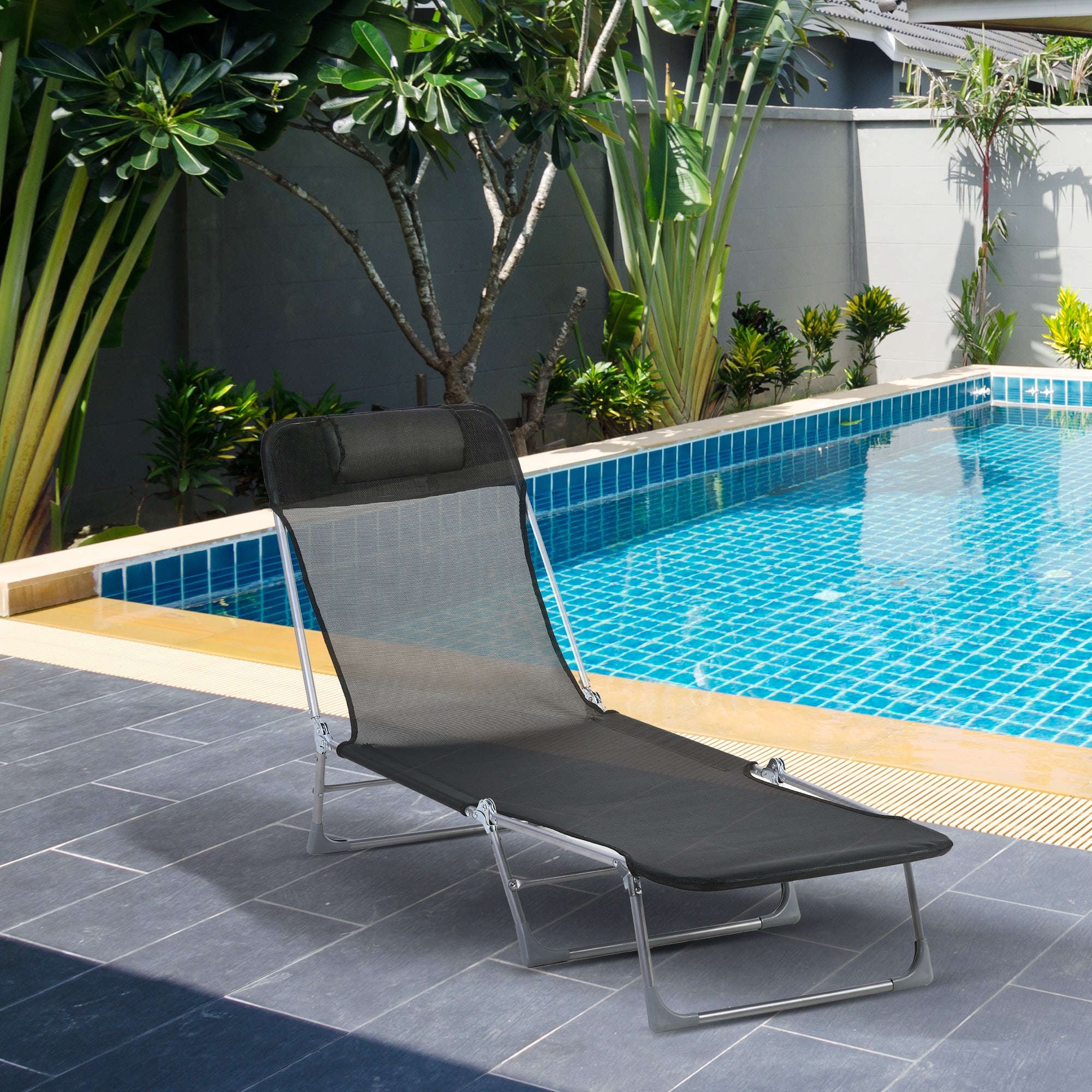 Folding and Reclining Garden Sun Lounger with Adjustable Headrest and Backrest in 5 Levels Breathable Texteline Fabric 182x56x28 cm Black