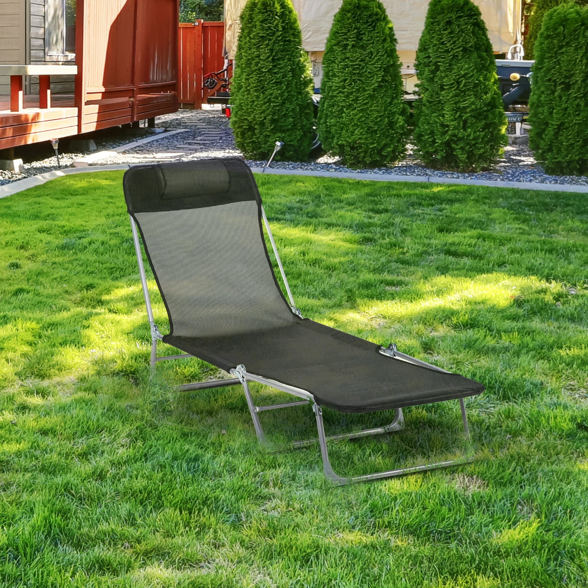 Folding and Reclining Garden Sun Lounger with Adjustable Headrest and Backrest in 5 Levels Breathable Texteline Fabric 182x56x28 cm Black