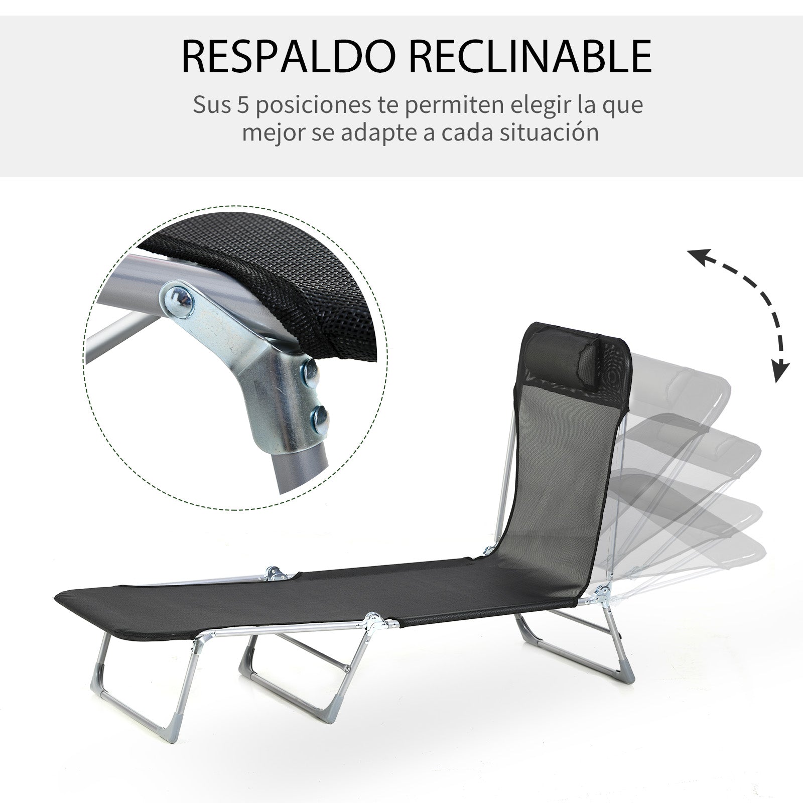 Folding and Reclining Garden Sun Lounger with Adjustable Headrest and Backrest in 5 Levels Breathable Texteline Fabric 182x56x28 cm Black