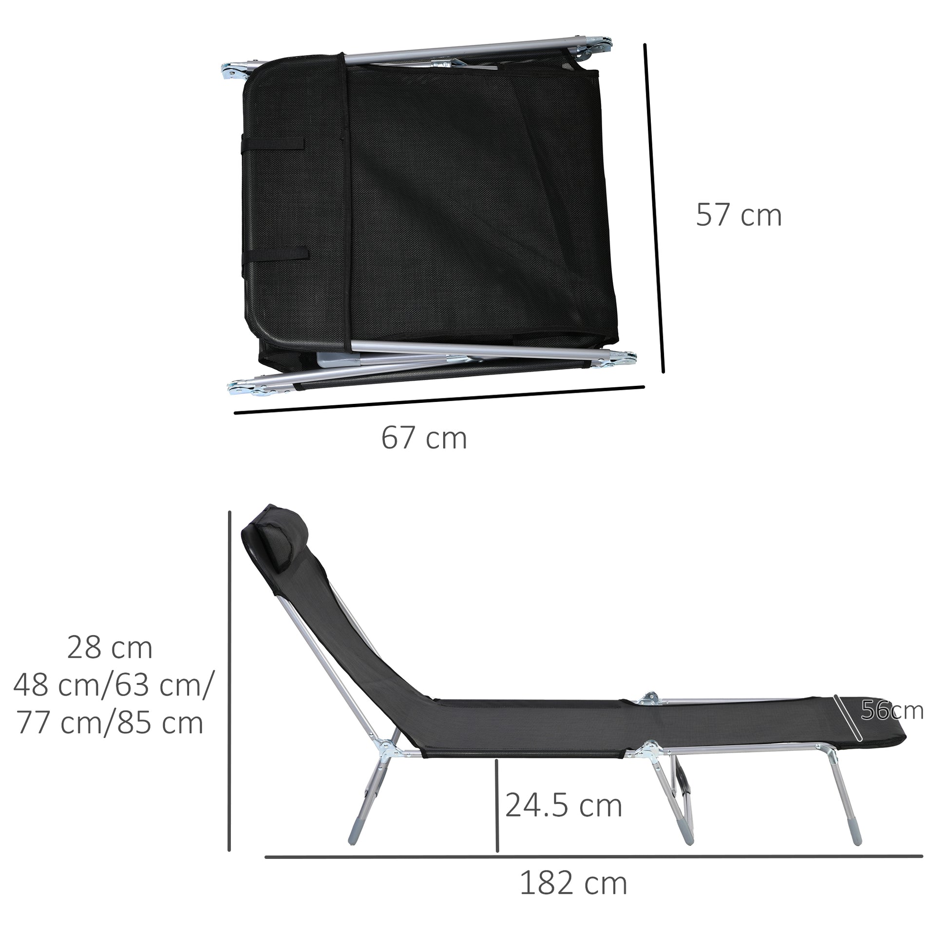 Folding and Reclining Garden Sun Lounger with Adjustable Headrest and Backrest in 5 Levels Breathable Texteline Fabric 182x56x28 cm Black