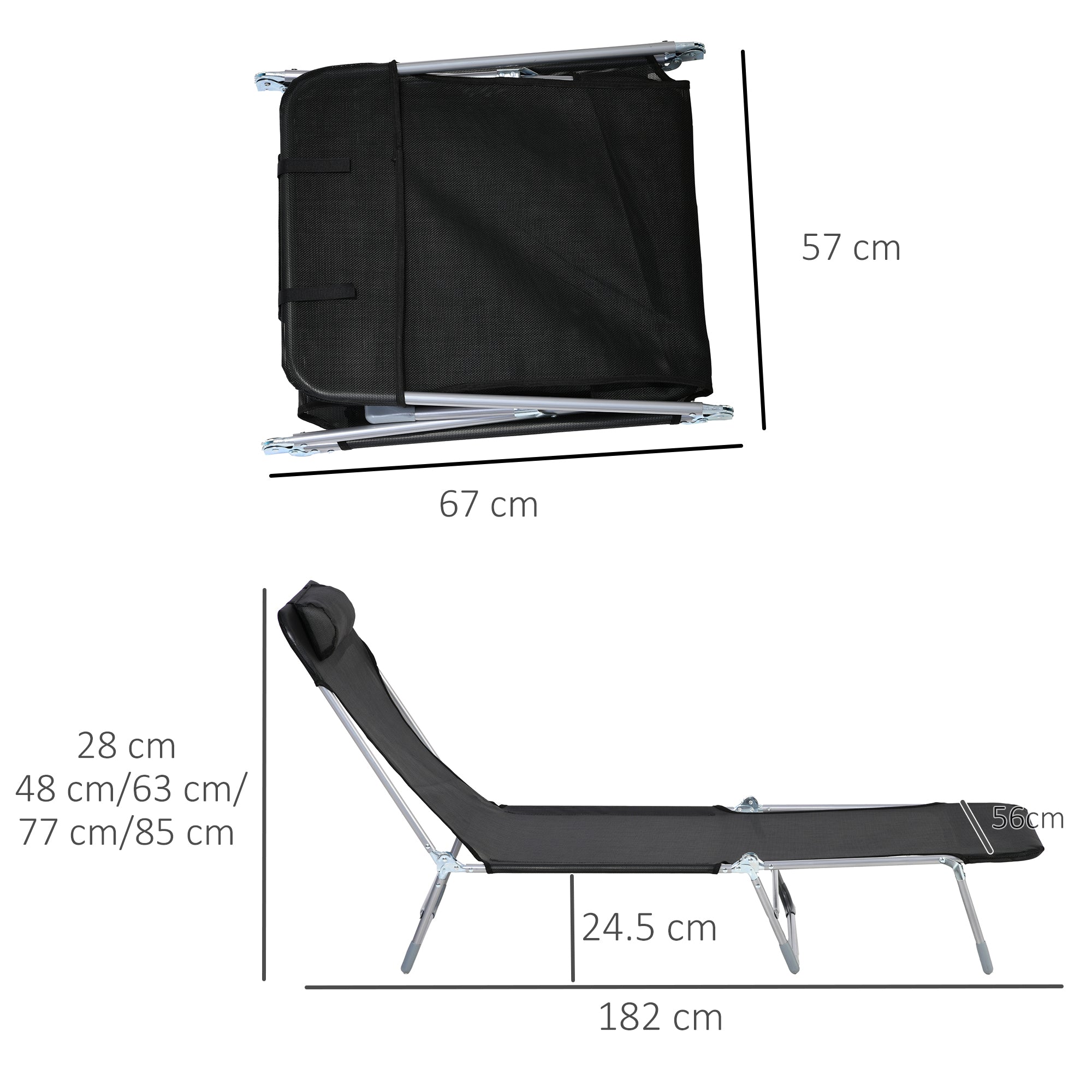 Folding and Reclining Garden Sun Lounger with Adjustable Headrest and Backrest in 5 Levels Breathable Texteline Fabric 182x56x28 cm Black