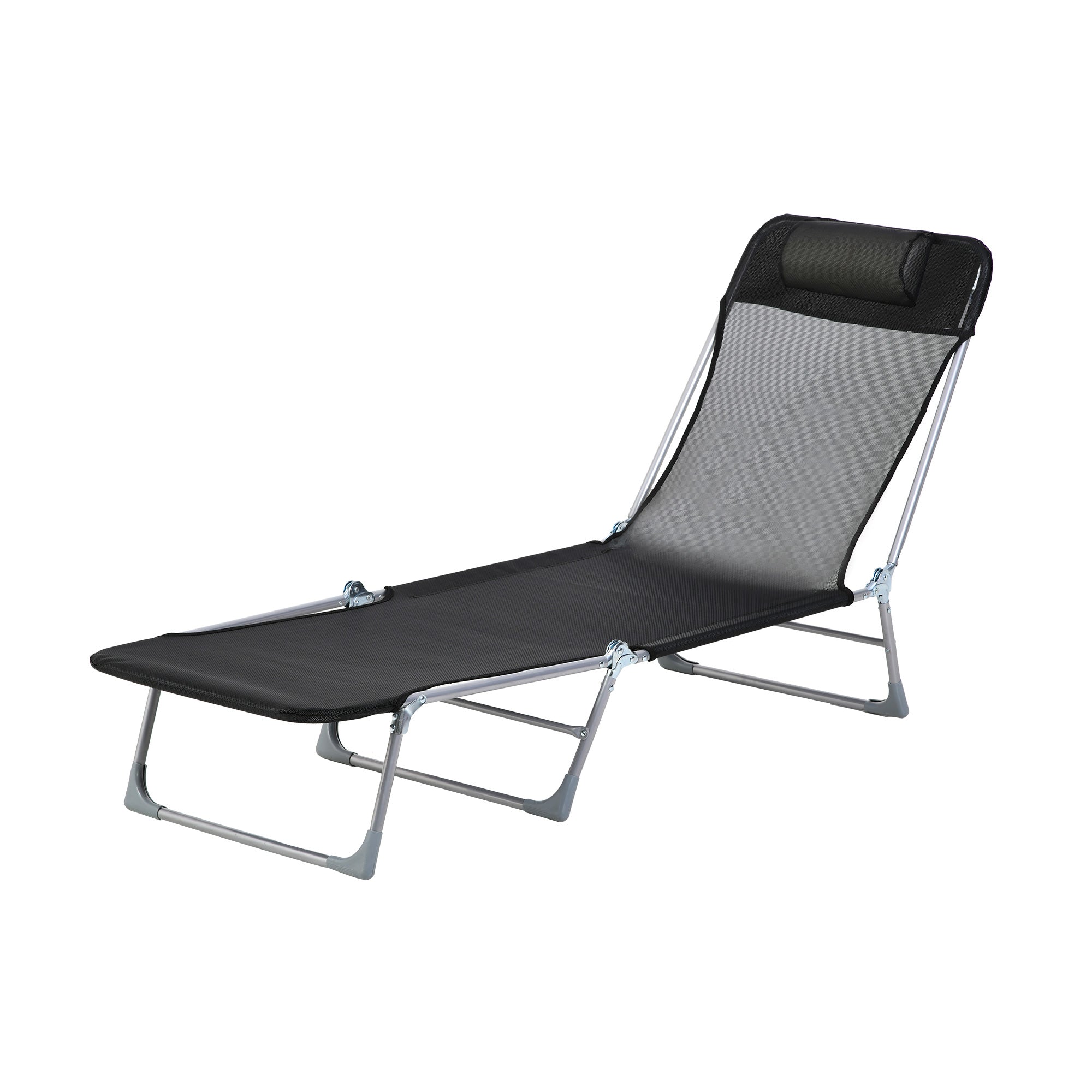 Folding and Reclining Garden Sun Lounger with Adjustable Headrest and Backrest in 5 Levels Breathable Texteline Fabric 182x56x28 cm Black