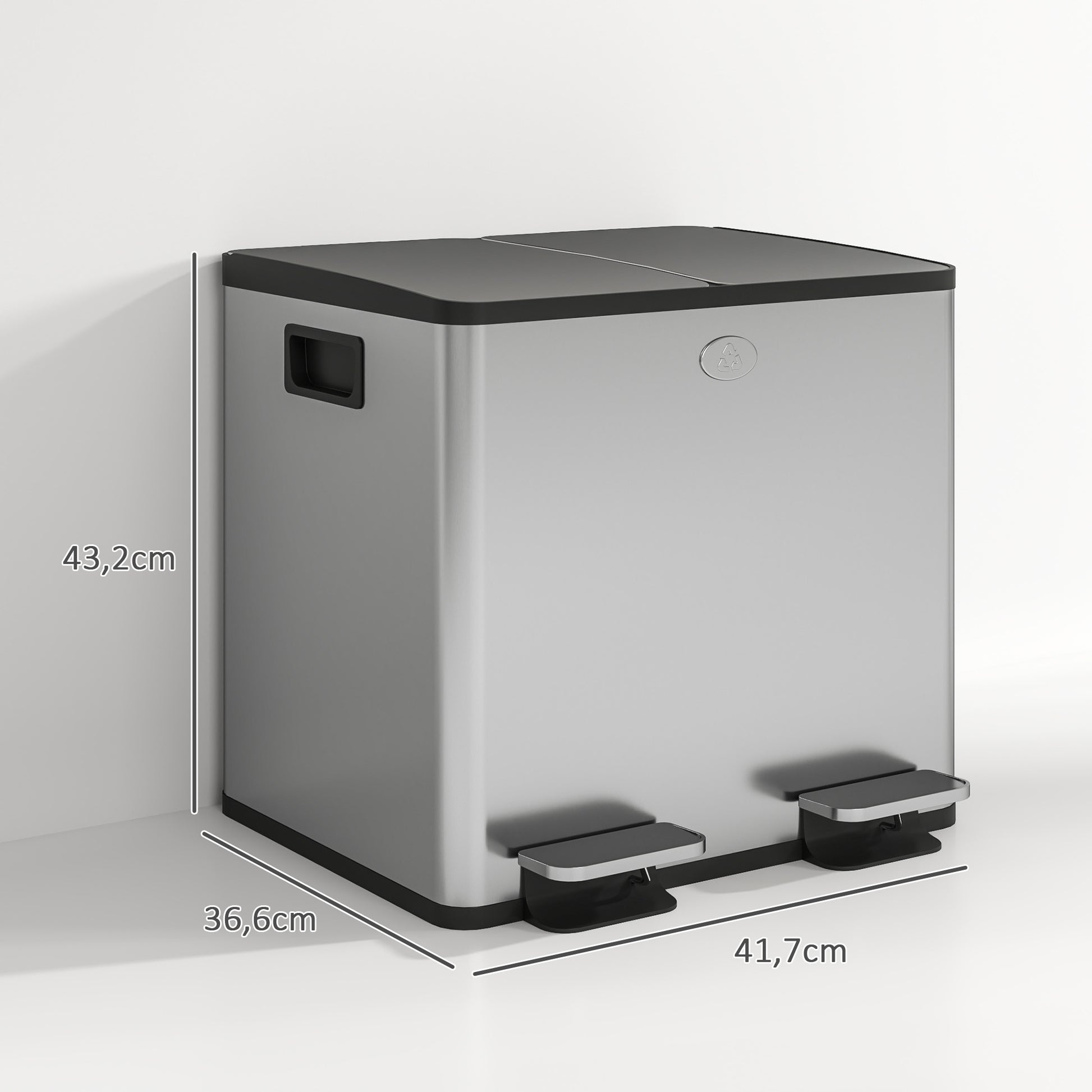 Kitchen Trash Can with 2 Compartments 2x15L Stainless Steel Kitchen Bin with Pedals Soft-Close Lids and Removable Bin for Recycling Waste Food Scraps Silver