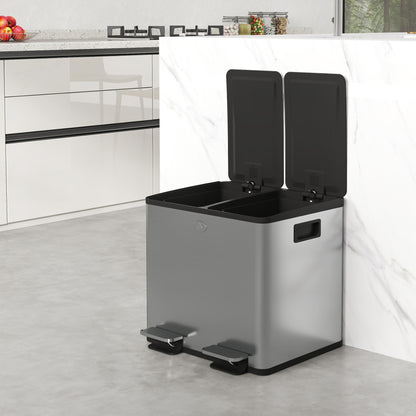 Kitchen Trash Can with 2 Compartments 2x15L Stainless Steel Kitchen Bin with Pedals Soft-Close Lids and Removable Bin for Recycling Waste Food Scraps Silver