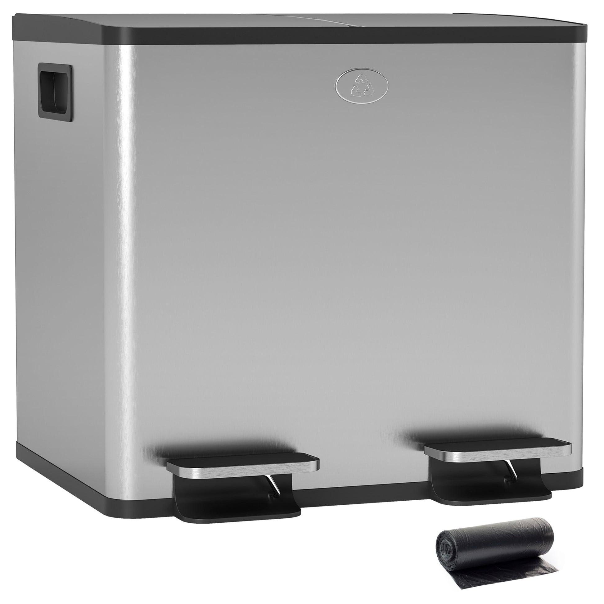 Kitchen Trash Can with 2 Compartments 2x15L Stainless Steel Kitchen Bin with Pedals Soft-Close Lids and Removable Bin for Recycling Waste Food Scraps Silver