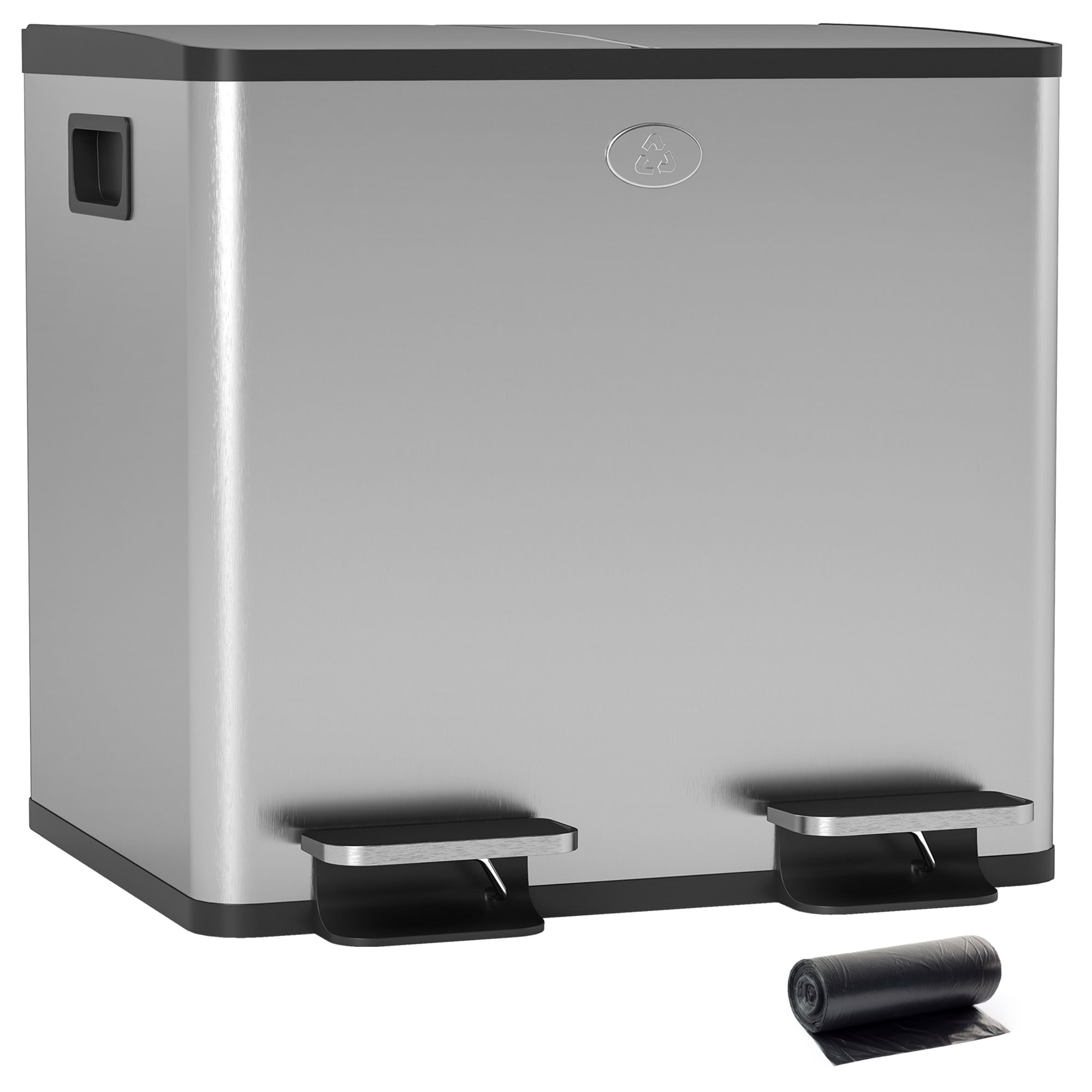 Kitchen Trash Can with 2 Compartments 2x15L Stainless Steel Kitchen Bin with Pedals Soft-Close Lids and Removable Bin for Recycling Waste Food Scraps Silver