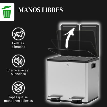 Kitchen Trash Can with 2 Compartments 2x15L Stainless Steel Kitchen Bin with Pedals Soft-Close Lids and Removable Bin for Recycling Waste Food Scraps Silver