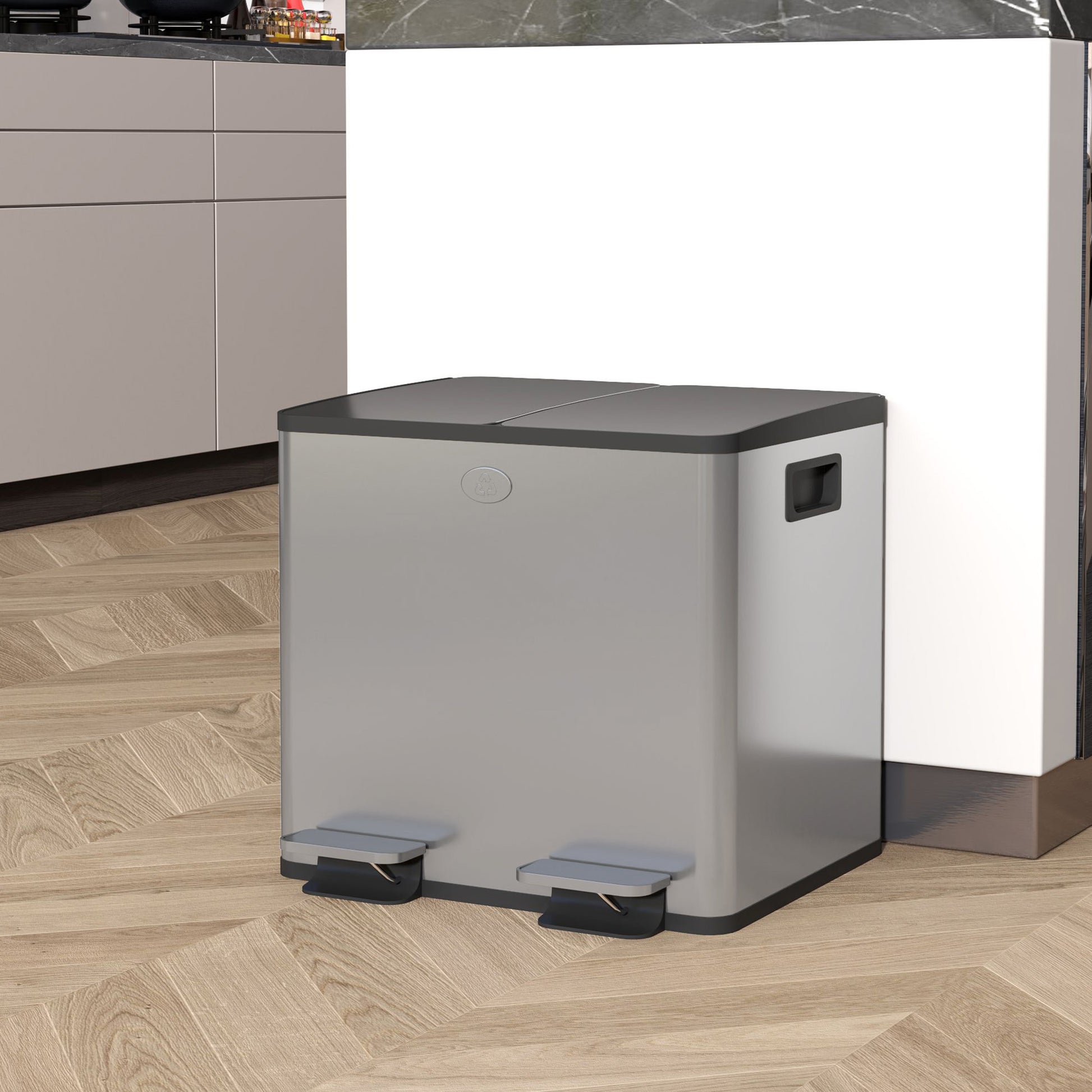 Kitchen Trash Can with 2 Compartments 2x15L Stainless Steel Kitchen Bin with Pedals Soft-Close Lids and Removable Bin for Recycling Waste Food Scraps Silver