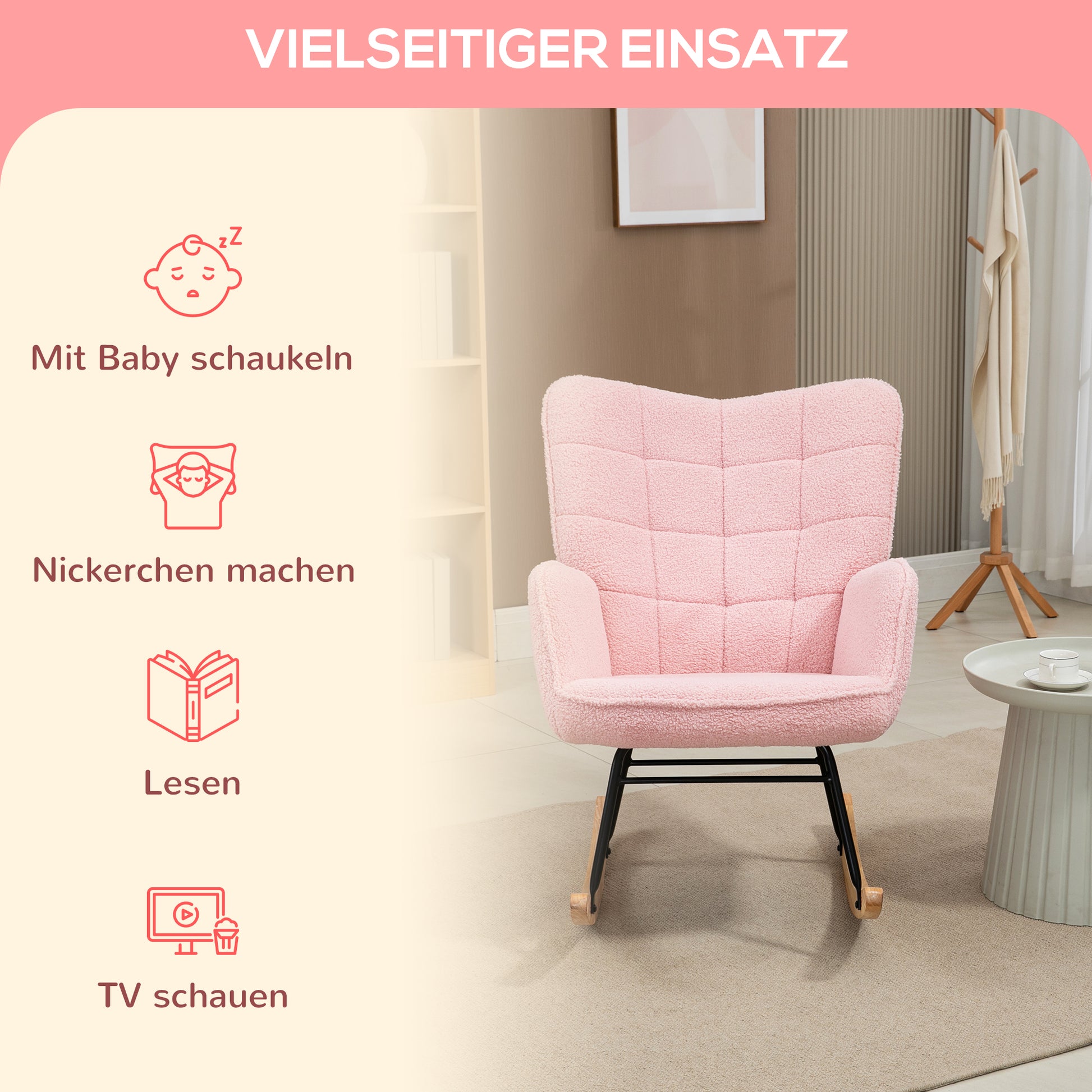 Rocking Chair, Rocking Armchair with Berber Fleece Look, Armrest, Padded Chair with Wooden Rockers, Recliner for Living Room, Bedroom, Up to 120kg Load Capacity, Pink