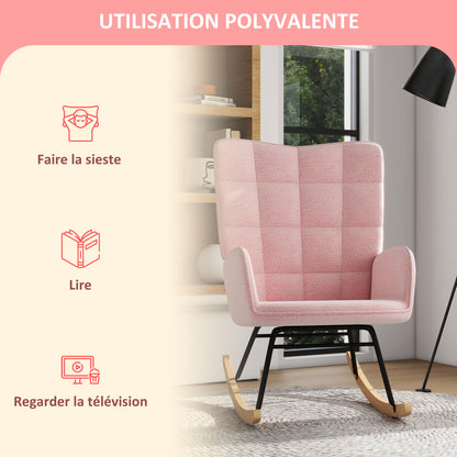 Schaukelstuhl, Schaukelsessel mit Berbervliesoptik, Armlehne, Gepolsterter Sessel mit Holzkufen, Relaxsessel für Wohnzimmer, Schlafzimmer, bis 120kg belastbar, Rosa