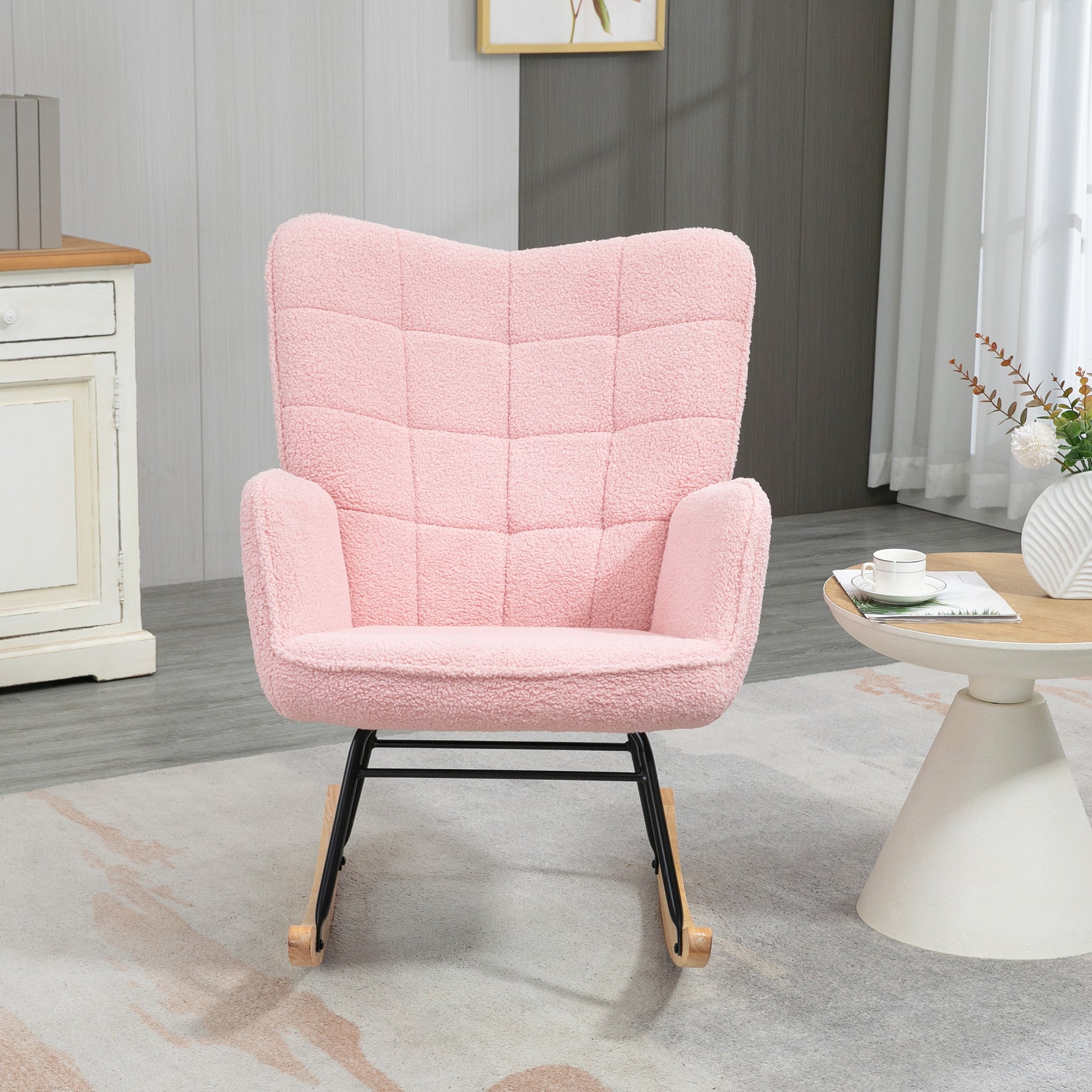 Rocking Chair, Rocking Armchair with Berber Fleece Look, Armrest, Padded Chair with Wooden Rockers, Recliner for Living Room, Bedroom, Up to 120kg Load Capacity, Pink