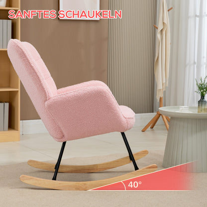 Schaukelstuhl, Schaukelsessel mit Berbervliesoptik, Armlehne, Gepolsterter Sessel mit Holzkufen, Relaxsessel für Wohnzimmer, Schlafzimmer, bis 120kg belastbar, Rosa