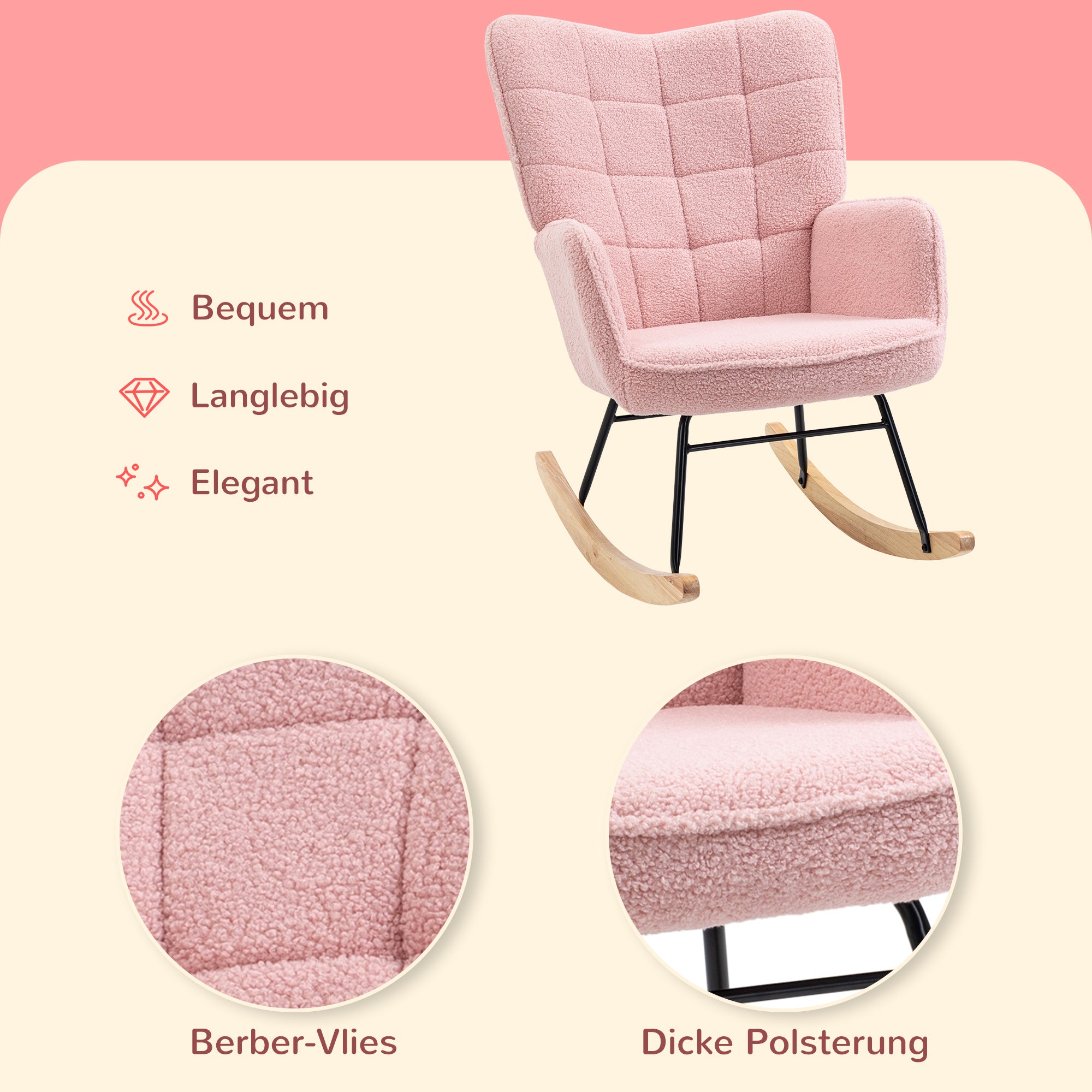 Rocking Chair, Rocking Armchair with Berber Fleece Look, Armrest, Padded Chair with Wooden Rockers, Recliner for Living Room, Bedroom, Up to 120kg Load Capacity, Pink