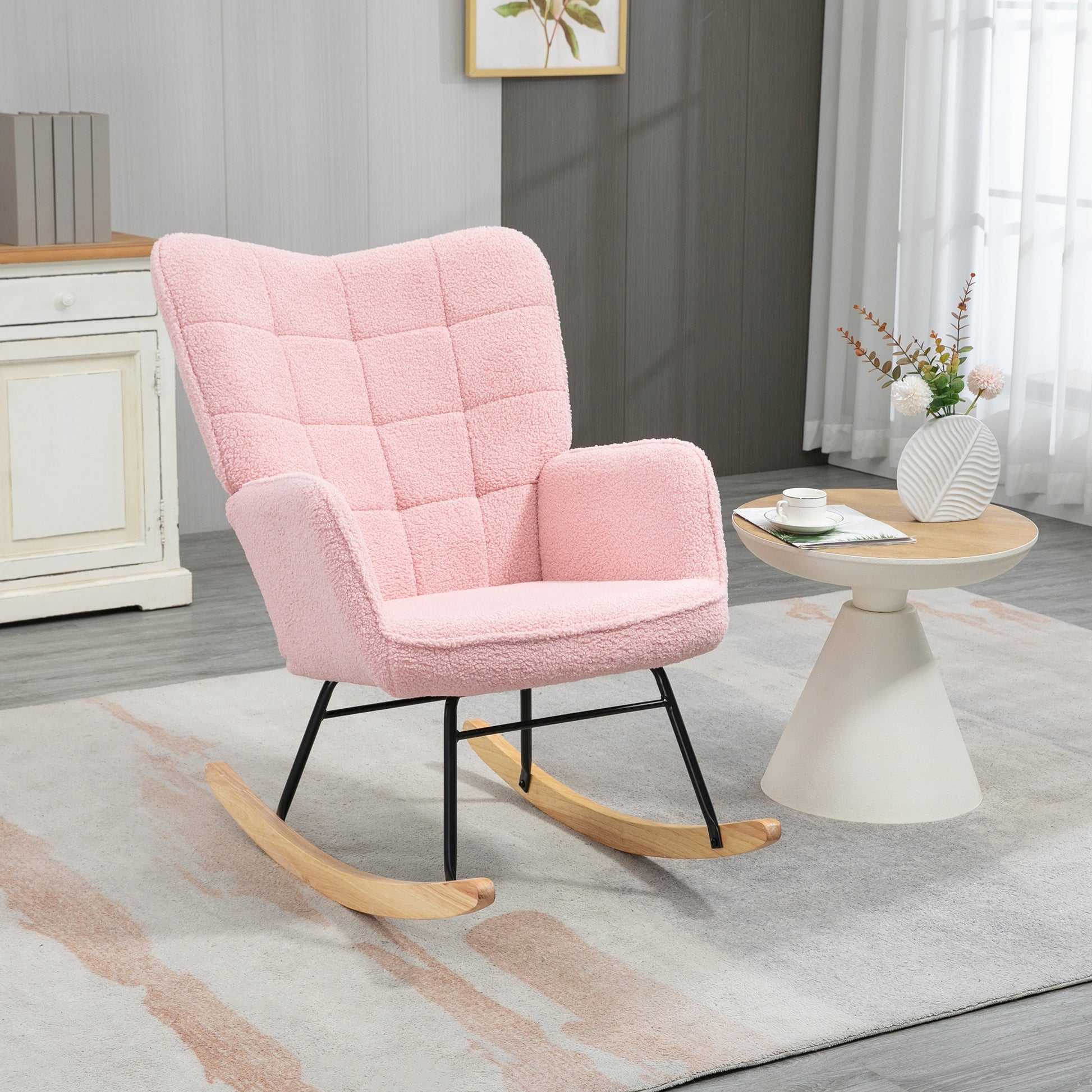 Rocking Chair, Rocking Armchair with Berber Fleece Look, Armrest, Padded Chair with Wooden Rockers, Recliner for Living Room, Bedroom, Up to 120kg Load Capacity, Pink