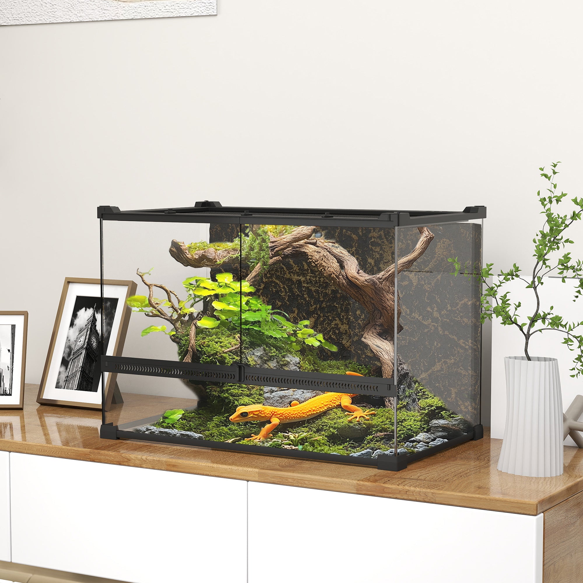Glass Terrarium for Reptiles — 48 L Enclosure with Front Ventilation, Rock Backdrop, Escape-Proof Knob Lock, Black (50 × 30 × 35 cm / 19.7 × 11.8 × 13.8 in)