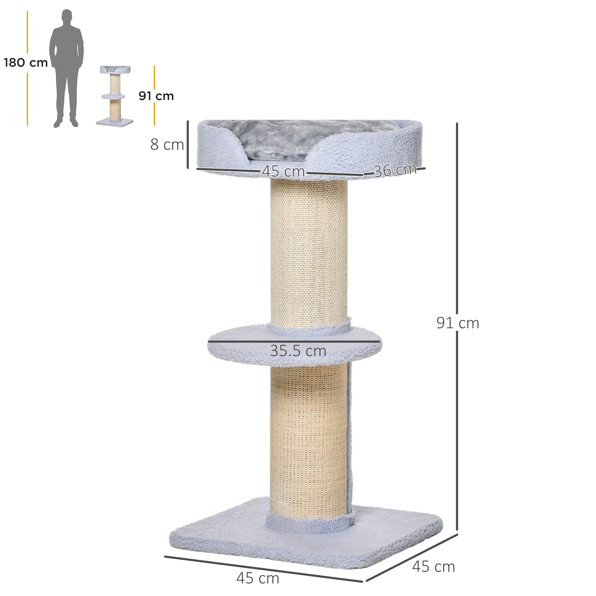91 cm Cat Tree Cat Tower with Sisal Posts, Platform, Cushion Multi-Level Cat Scratching Tree, Climbing Tree, for Medium Cats, Light Blue