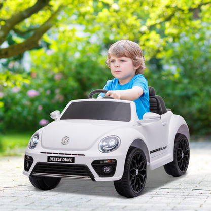 Kids Electric Car 12V Volkswagen Beetle Children's Car with 2.4G Remote Control, Music, Horn, Electric Vehicle with LED Lights, USB/MP3 Connection, 3-5 km/h, for Children 3-5 Years, White