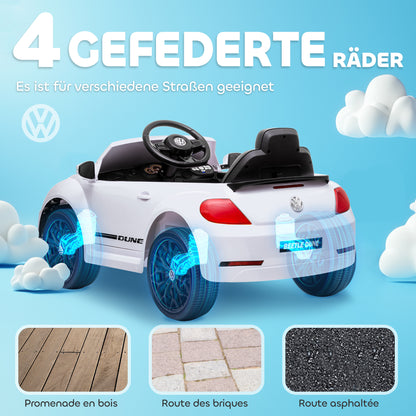 Kids Electric Car 12V Volkswagen Beetle Children's Car with 2.4G Remote Control, Music, Horn, Electric Vehicle with LED Lights, USB/MP3 Connection, 3-5 km/h, for Children 3-5 Years, White