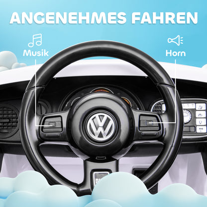 Kids Electric Car 12V Volkswagen Beetle Children's Car with 2.4G Remote Control, Music, Horn, Electric Vehicle with LED Lights, USB/MP3 Connection, 3-5 km/h, for Children 3-5 Years, White
